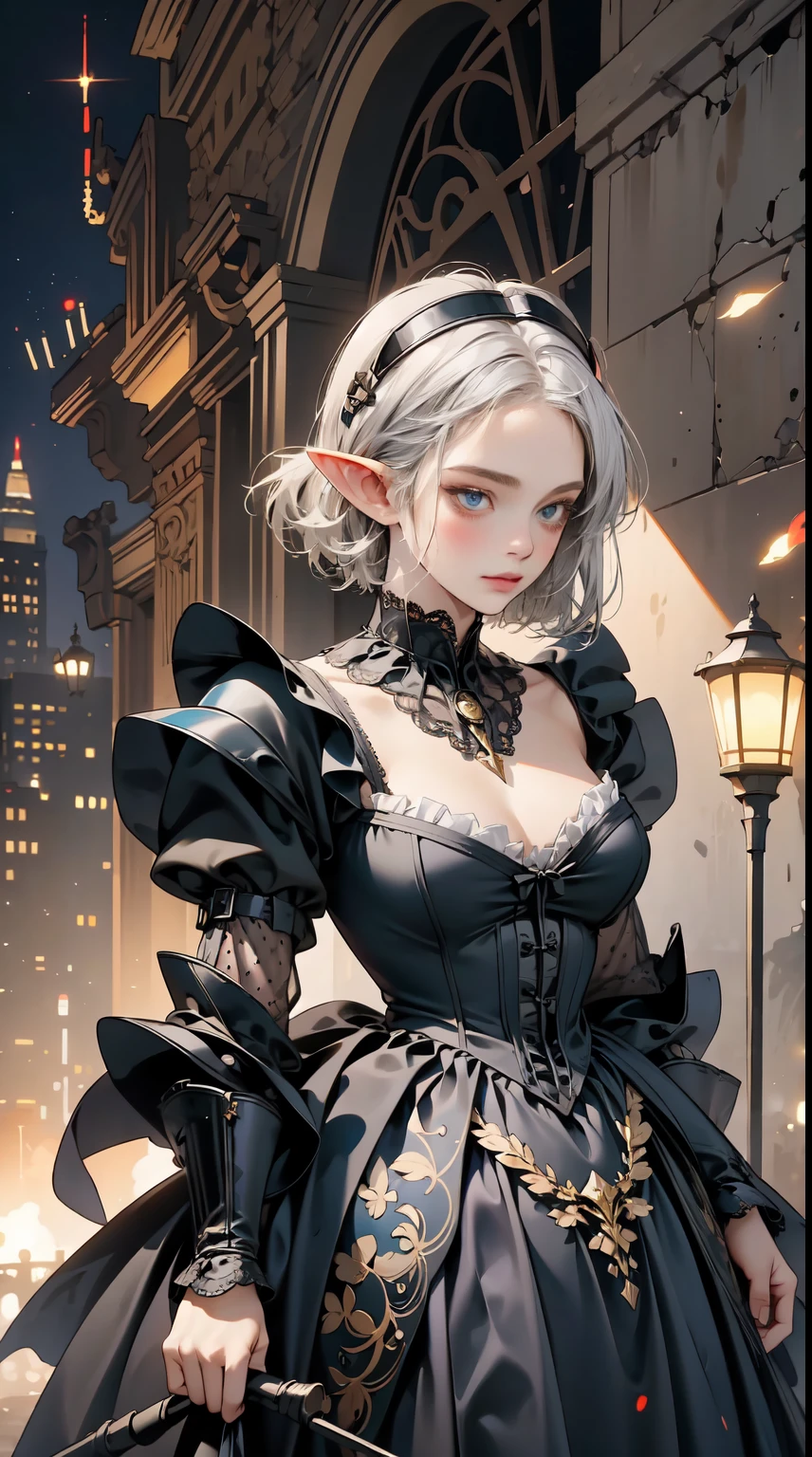 Elf girl medieval knight, standing, green hill with a clear sky. Detailed elf face, big breasts, short hair, silver hair, deep blue eyes. Wearing black Victorian maid armor, full silver armor, intricate armored. Cinematic lighting, masterpiece. by Yusuke Murata