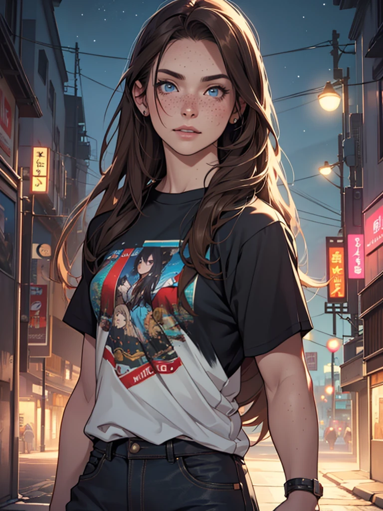 high quality, 8K Ultra HD, ultra-realistic, high detailed, portrait, solo, mature, female, feminine, mysterious, pale skin, freckles, long hair, dark hair, brown hair, blue eyes, t-shirt, detailed background of the night city, Midjourney Niji style