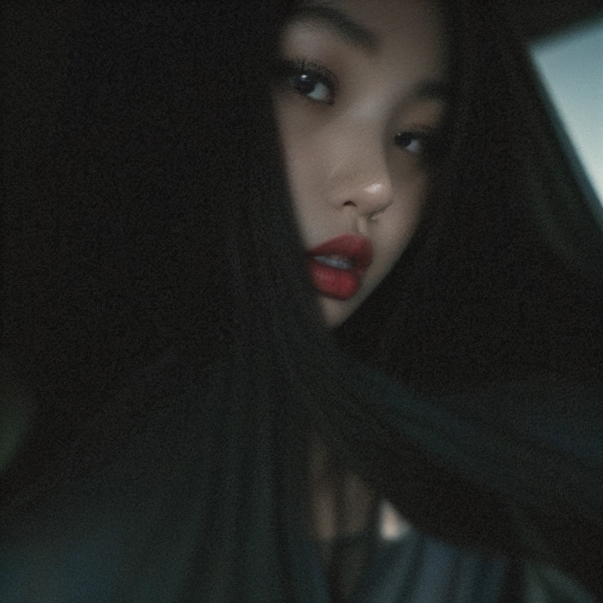 woman with red lips and black shirt, blackpink jennie, Close-up portrait movie still, from me, gongbi, obscured face, Douban, low quality photo, faint red lips, pov photo, Dark photos, Grainy photo of an ugly woman, grainy low quality, blurry photo, guweiz, obscured face