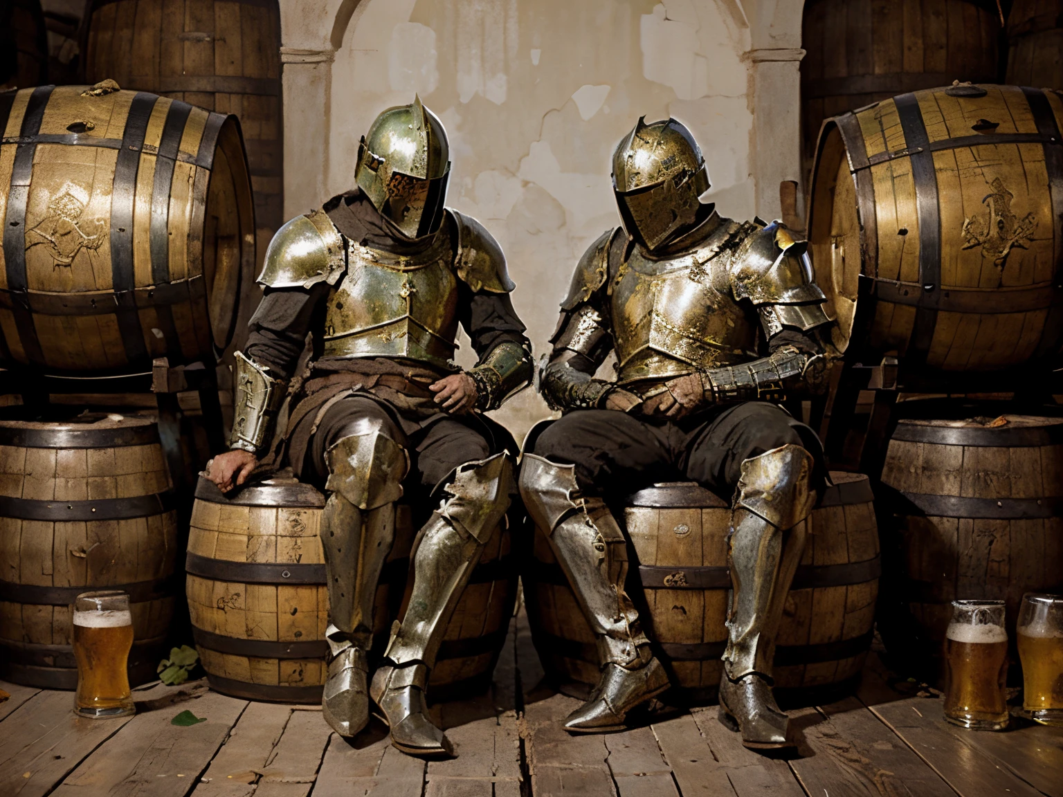 Medieval (knights) in green and gold Armor are sleeping in empty beer barrels, medieval painting, green and gold aesthetic