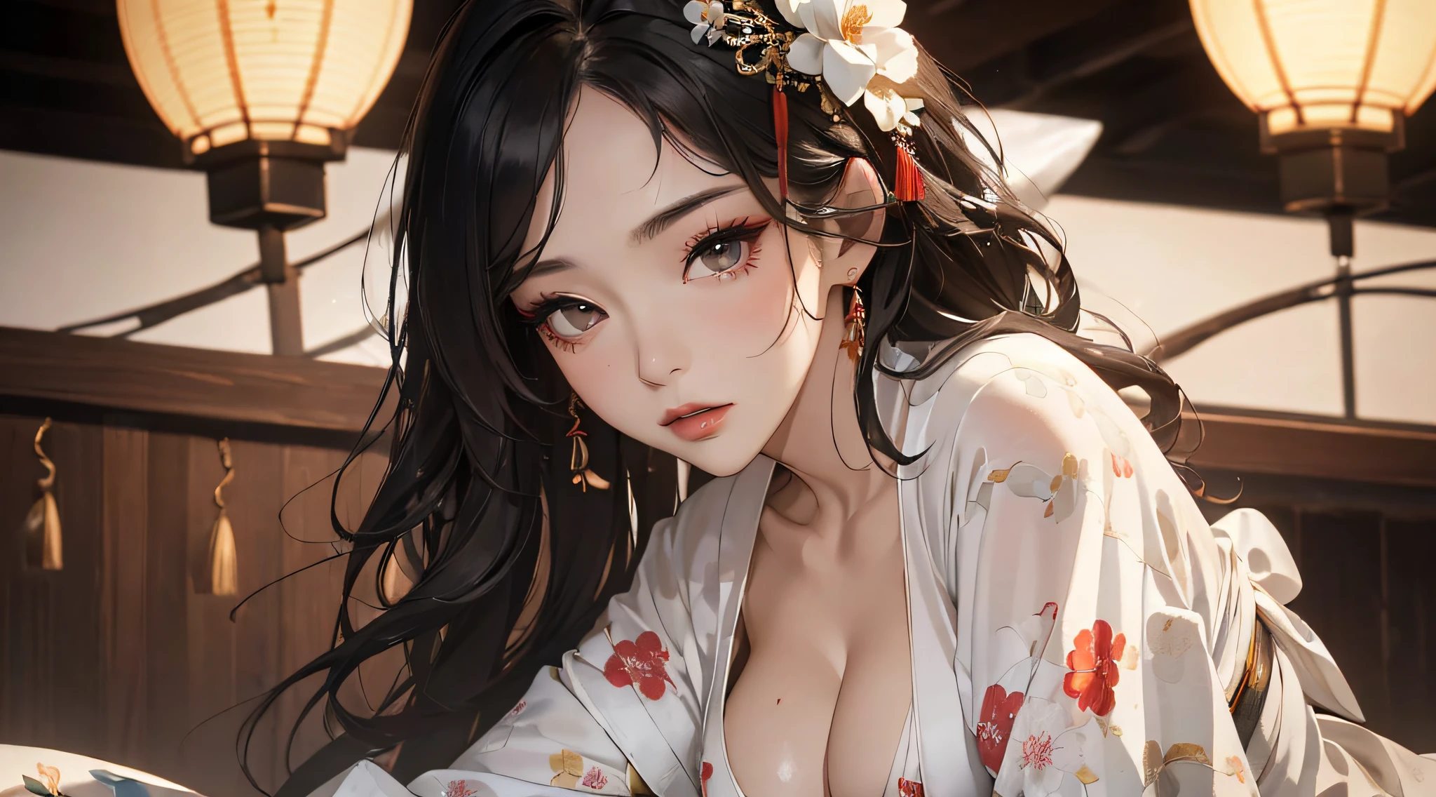 (((8k wallpaper of extremely detailed CG unit, ​masterpiece, 超A high resolution:1.2, top-quality:1.2, masutepiece))), ((extremely beautiful lady, extremely detailed beautiful face, Highly detailed black eyes, Very beautiful body, Top quality real texture skins, A dark-haired, de pele branca, Fancy makeup, Sexy white kimono:1.2)), (Exposed cleavage, Exposed legs:1.3), You Guo, paper lanterns:1.2, hyper realisitic, digitial painting,