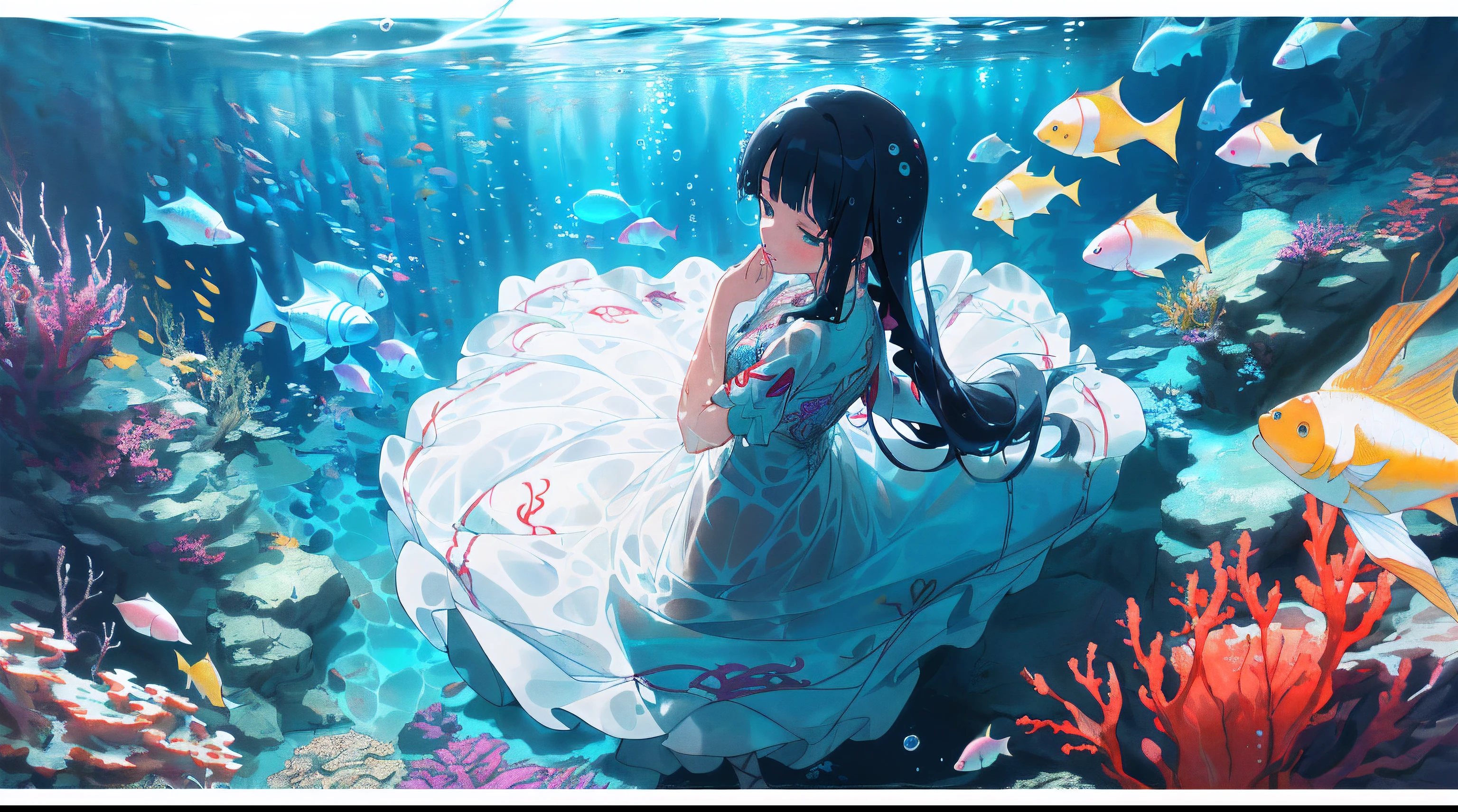 wallpaper anime blue water, beautiful fantasy anime, closeup fantasy with water magic, high definition anime art, Beautiful anime artwork, A beautiful artwork illustration, Beautiful anime art, Anime fantasy artwork, hd anime wallaper, ultra hd anime wallpaper, Anime art wallpaper 4 K, Anime art wallpaper 4k, hd anime wallpaper,(From above, in a panoramic view, Perspective),((Best quality)), ((Masterpiece)), (Detailed),(Dynamic perspective),(1 woman and 1 very young little girl), 1 woman (Kissing) 1 very Young little girl in (((Wet clothes)),(deep kisses:1.2),(Wet),(Wet body),Patient expression,Transparent,[dress],((((Soggy translucent beauty white dress, best Embroidery, very long dress))),Best frills, The best wrinkles), Best shadow, ((underwater photography, floating under water, underwater photo, In water,deep water, Floating drowning)), ((1 woman in a embroidered dress,1 very young little girl in an embroidered dress)),Yuri,(Drowning,sink), Many blisters,(Masturbation,wears_Masturbation), 8K resolution