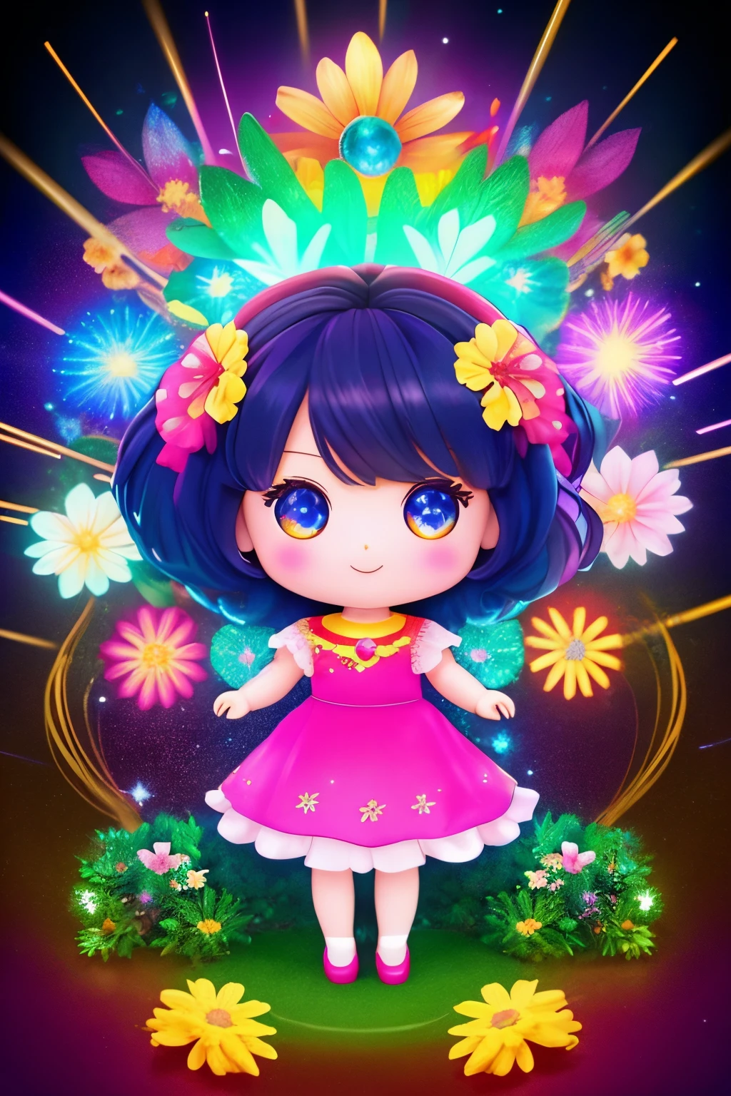 Extremely detailed,(Fractal Art:1.1),(Colorful:1.1)(Flowers:1.3)、 (Dynamic Pose), (Abstract background:1.3)、(Many colors:1.4)、Place one small doll on a circular stand、kawaii pose、A smile、A dark-haired、Chibi Doll、Stars in the eyes(kirakira)、Singing with microphone in hand、Eye Up、Laugh、Cute red shoes、Ultra Detail, radiant light、bio luminescent、Stronger bokeh effect、Taken from the side