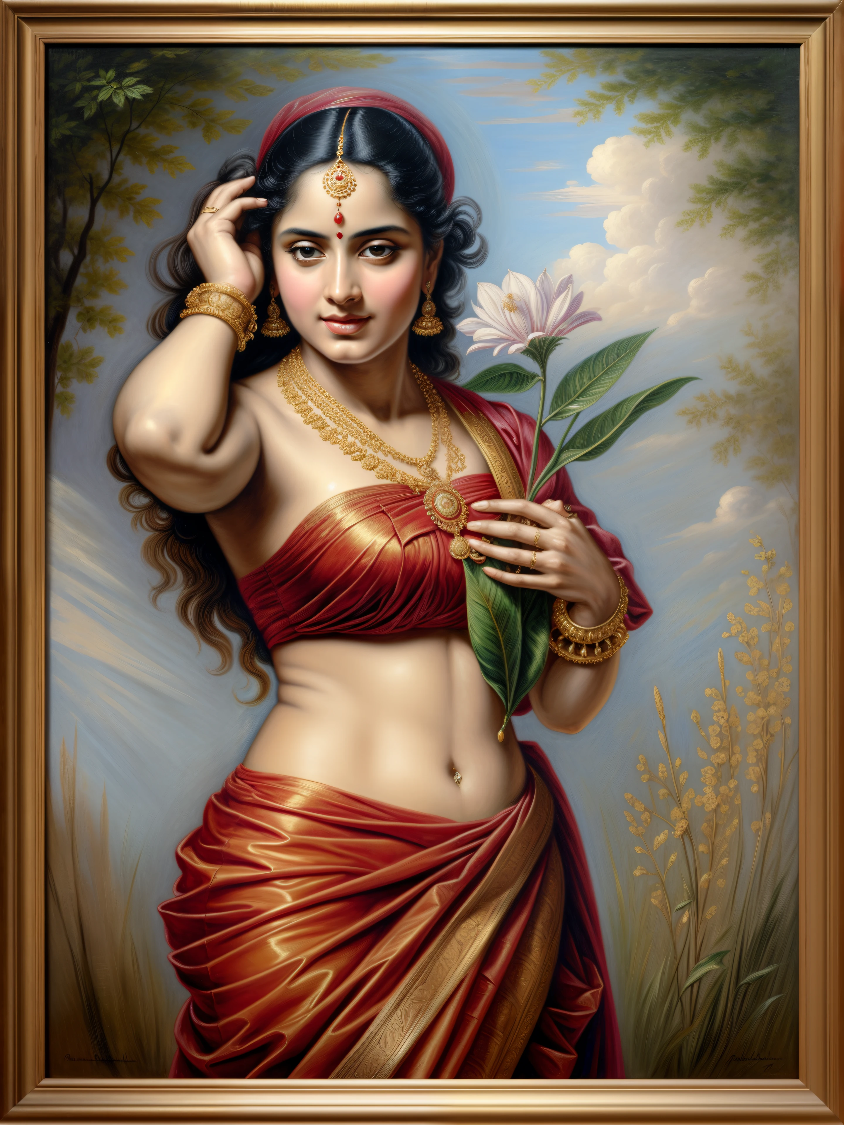 Beautiful Indian Woman, wearing saree, sari Beauty, gorgeous, matchless beauty, Highly detailed, Oil Painting by Peter Paul Rubens inspired by Raja Ravi Varma, Matchless beauty, captivating, gorgeous, heavenly beauty, celestial beauty, Jolyne as "The Butterfly" by Peter Paul Rubens, 1893, realistic, hyper realistic, micro details, incredible artwork, insane details, ultra High resolution, 8k, 32k,  acrylic on canvas, intricate, flawless, detailed, detailed face, detailed eyes, masterpiece, by Peter Paul Rubens, by Caravaggio, by William Adolphe bouguereau, perfect face, perfect body, beautiful art, realism, baroque, renaissance Art, highly textured, beautiful and High clarity eyes, uhd, best quality,