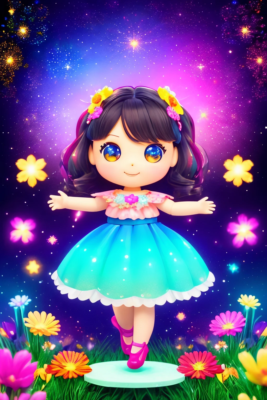 Extremely detailed,(Fractal Art:1.1),(Colorful:1.1)(Flowers:1.3)、 (Dynamic Pose), (Abstract background:1.3)、(Many colors:1.4)、Place one small doll on a circular stand、kawaii pose、A smile、A dark-haired、Chibi Doll、Stars in the eyes（kirakira）、Singing with microphone in hand、Eye Up、Laugh、Cute red shoes、Ultra Detail, radiant light、bio luminescent、Stronger bokeh effect、Taken from the side