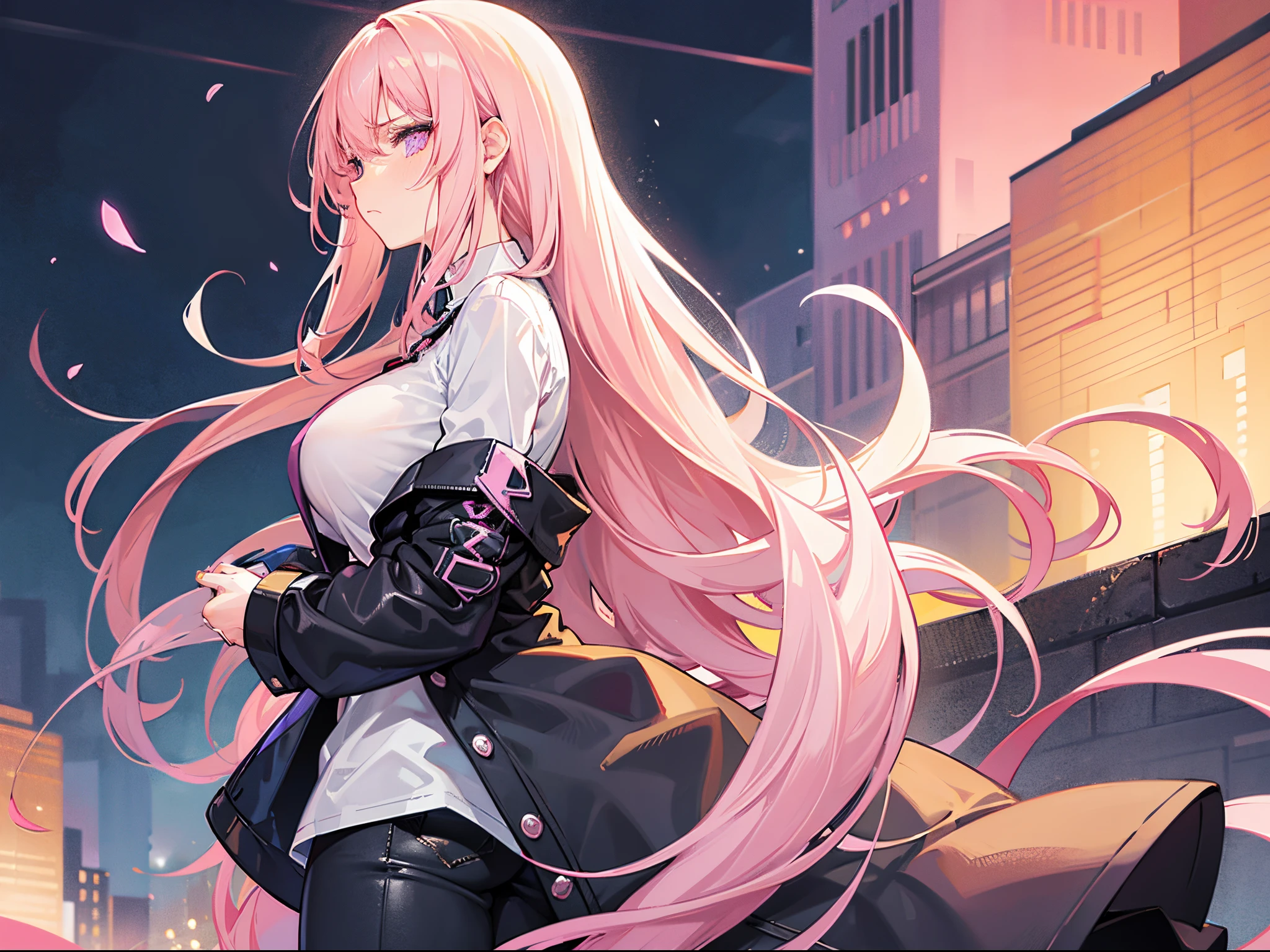 Woman with long black and pink hair and light purple eyes......white long sleeve shirt Pair it with black long jeans......... Slim profile, Fair-skinned, large boobs,. He blushed slightly.........Look with displeasure.....