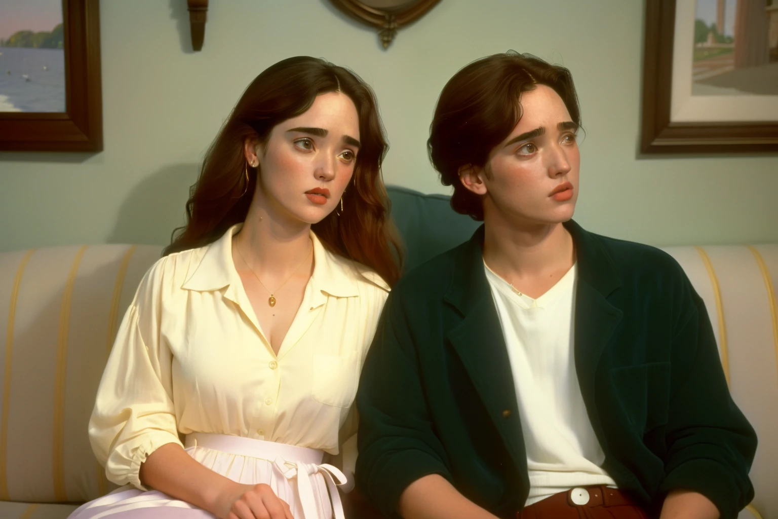 1995, Berkshire, Massachusetts. Pre-raphaelite ((((43-year-old)) Jennifer Connelly)), home, with (David Markus), on a romantic date, ((happiness)), ((((casual Clothing from the 1990s)))) ((short Hairstyle of the 1990s)), ((Wes Anderson cinematic style)), colorful