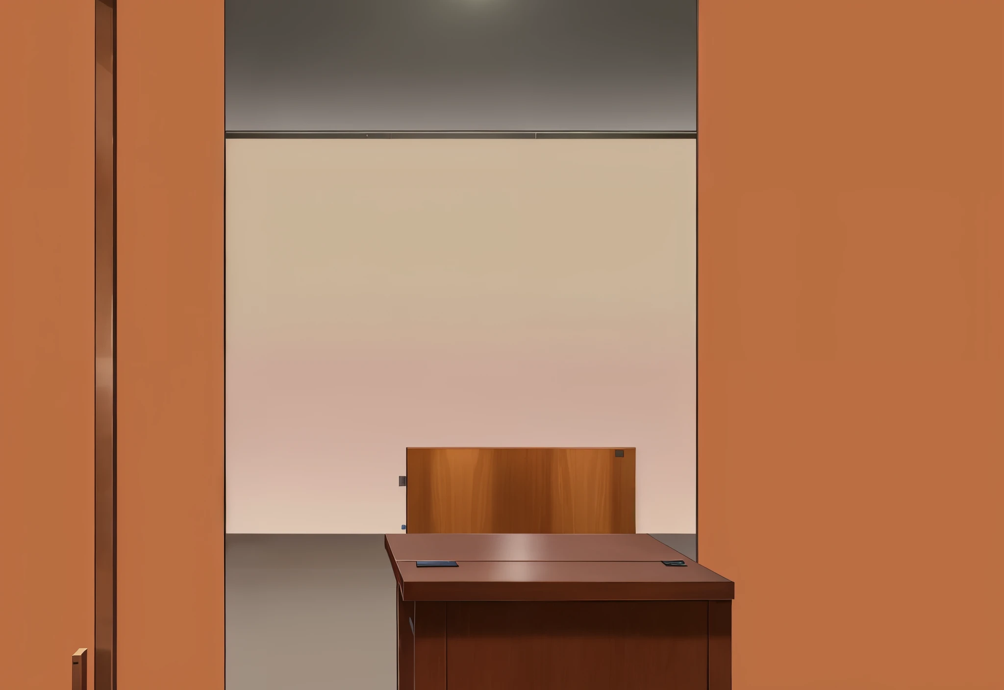 there is a picture of a brown cabinet with a white door, classroom background, background(solid), random background scene, centered in panel, large vertical blank spaces, basic background, set photo, containing tables and walls, set design, blank background, backside of scenography elements, bedroom background, witness stand, flat 2 d, courtroom the bench, background bar, simple background, anime, aime style, makoto shinkai style, 4k, 4k detailed