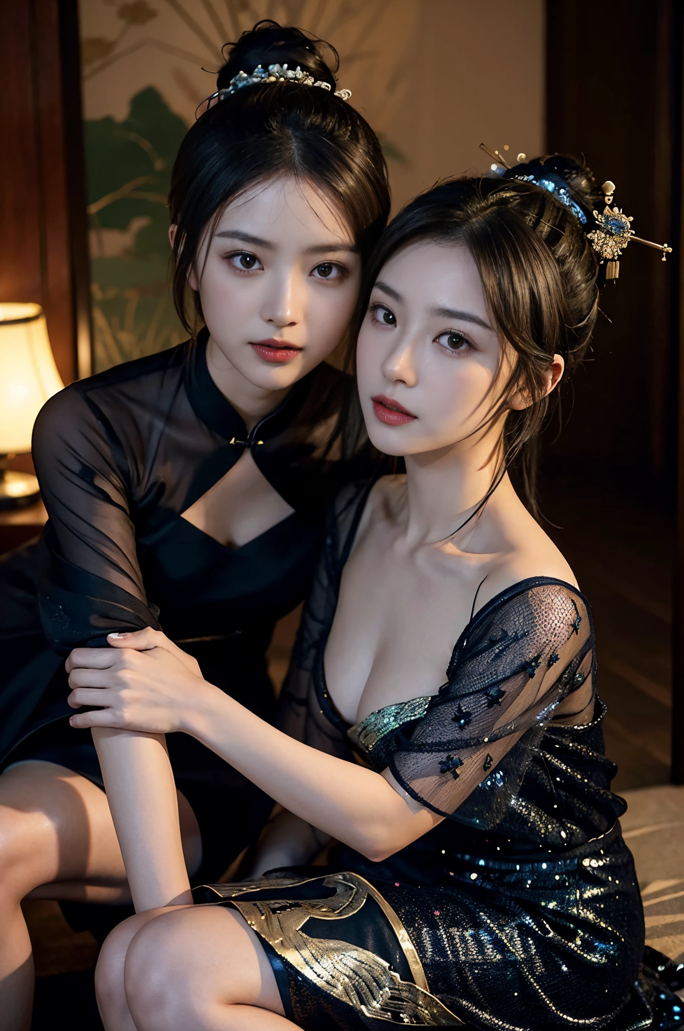 high-level image quality、closeup portrait:1.4,detailed faces,Like a shot with an SLR、Sensual body,thighs、slit、Painting a work of art depicting two women in a tanslucent traditional cheongsam sitting together,duo,((sisterhood)),front view,rendering by octane, hdr,leering:1.3,topknots,hairbuns,Chinese hair ornament:1.4,Chinese hairpins:1.4,Chinese hairsticks:1.4,Fireflies, night, starry sky, jewelry,light particles, (fantasy: 1.2), stars, fantasy,