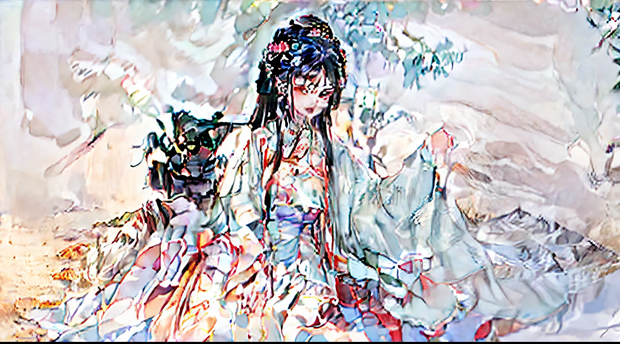 Best quality at best, A woman sits on a bench , 夏天_a skirt, Dog prints on clothes