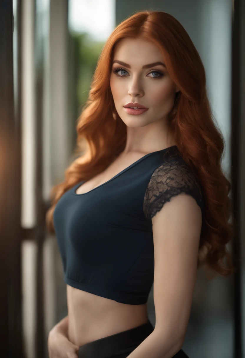 professional, (4k photo:1.1) (Sharp focus:1.3), high detail, wearing (tight shirt:1.2), beautiful detailed face, an attractive woman with long red hair looks into the camera, looking like actress Katherine McNamara, panasonic lumix s pro 50mm f/1.4, , photo realistic, (attractive young woman:1.3), (seductive:1.1), (blushing:1.1), hourglass body shape, big round breasts, ass emphasized, accentuated ass, back shot, wearing mini skirt