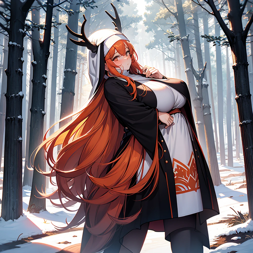 long hair, Orange hair, (nun), big breasts, Big ass, Deer antlers,large horn, heavy body, large body, venus body, gigantic large tits, red blush, stockings, winter forest background, small sword,