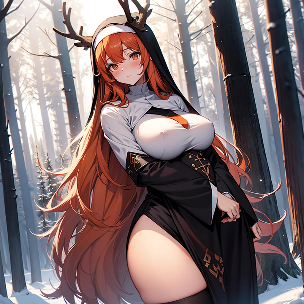 long hair, Orange hair, (nun), big breasts, Big ass, Deer antlers,large horn, heavy body, large body, venus body, gigantic large tits, red blush, stockings, winter forest background, small sword,