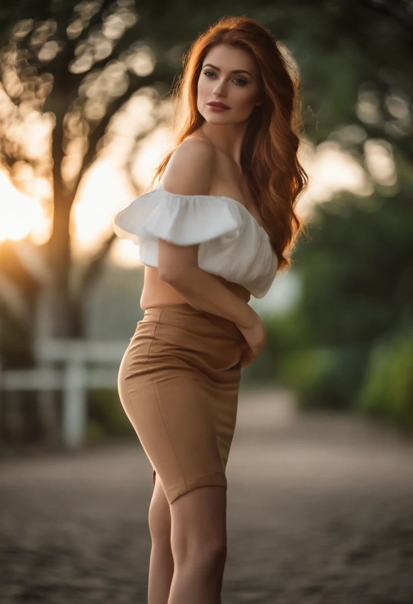 professional, (4k photo:1.1) (Sharp focus:1.3), high detail, wearing (tight shirt:1.2), beautiful detailed face, an attractive woman with long brown hair looks into the camera, looking like actress Katherine McNamara, panasonic lumix s pro 50mm f/1.4, , photo realistic, (attractive young woman:1.3), (seductive:1.1), (blushing:1.1), hourglass body shape, big round breasts, ass emphasized, accentuated ass, back shot, wearing mini skirt
