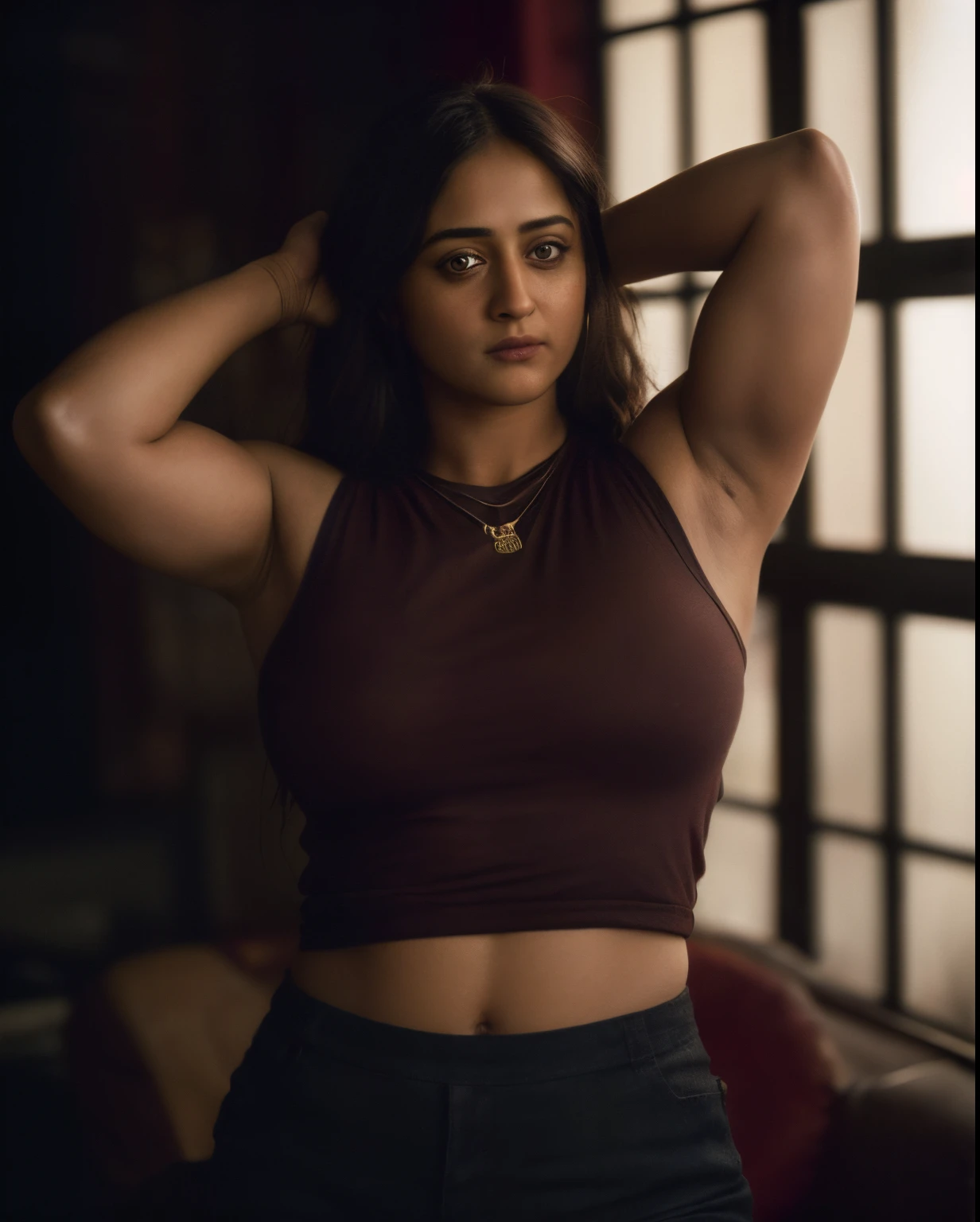 (close-up, editorial photograph of a 35 year old woman), looks like Anushka Shetty, (highly detailed face:1.4) (smile:0.7) (background inside dark, moody, private study:1.OV, by lee jeffries, nikon d850, film stock photograph ,4 kodak portra 400 ,camera f1.6 lens ,rich colors ,hyper realistic ,lifelike texture, dramatic lighting , cinestill 800,