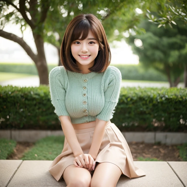 Arab Asian woman with short brown hair posing for a photo, Beautiful Asian Girl, young cute wan asian face, Gorgeous young Korean woman, Realistic Young Gravure Idol, girl cute-fine-face, Beautiful young Korean woman, the face of a beautiful Japanese girl, With short hair, cute seductive smile, friendly seductive smile, Young adorable Korean face、I'm wearing a skirt、The skirt is flipped up、thighs look big、