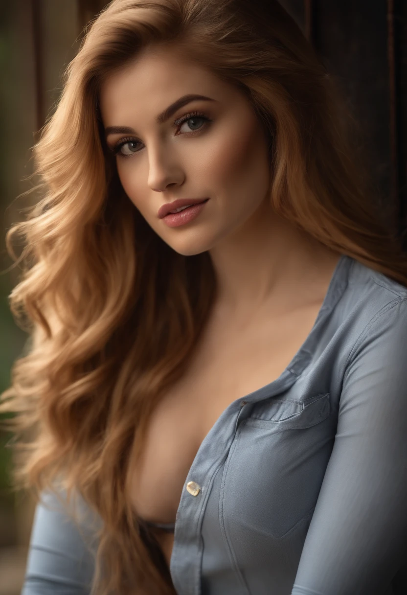 professional, (4k photo:1.1)  (Sharp focus:1.3), high detail, wearing (tight shirt:1.2), beautiful detailed face, an attractive woman with long brown hair looks into the camera, looking like actress Katherine McNamara, panasonic lumix s pro 50mm f/1.4, , photo realistic, (attractive young woman:1.3), (seductive:1.1), (blushing:1.1), hourglass body shape, big round breasts, ass emphasized, accentuated ass, back shot, wearing mini skirt