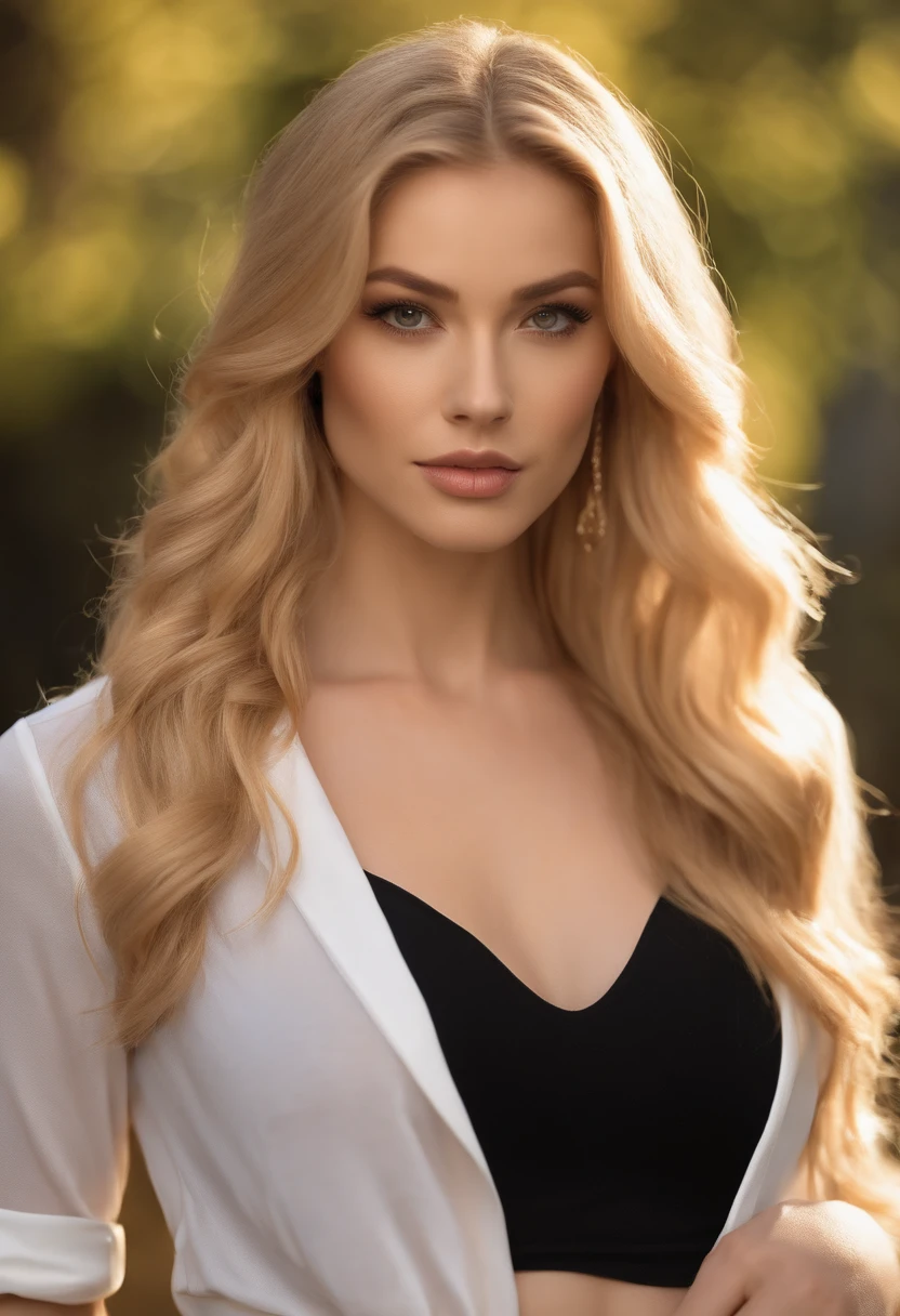 professional, (4k photo:1.1) (Sharp focus:1.3), high detail, wearing (tight shirt:1.2), beautiful detailed face, an attractive woman with long blonde hair looks into the camera, looking like actress Katherine McNamara, panasonic lumix s pro 50mm f/1.4, , photo realistic, (attractive young woman:1.3), (seductive:1.1), (blushing:1.1), hourglass body shape, big round breasts, ass emphasized, accentuated ass, back shot, wearing mini skirt