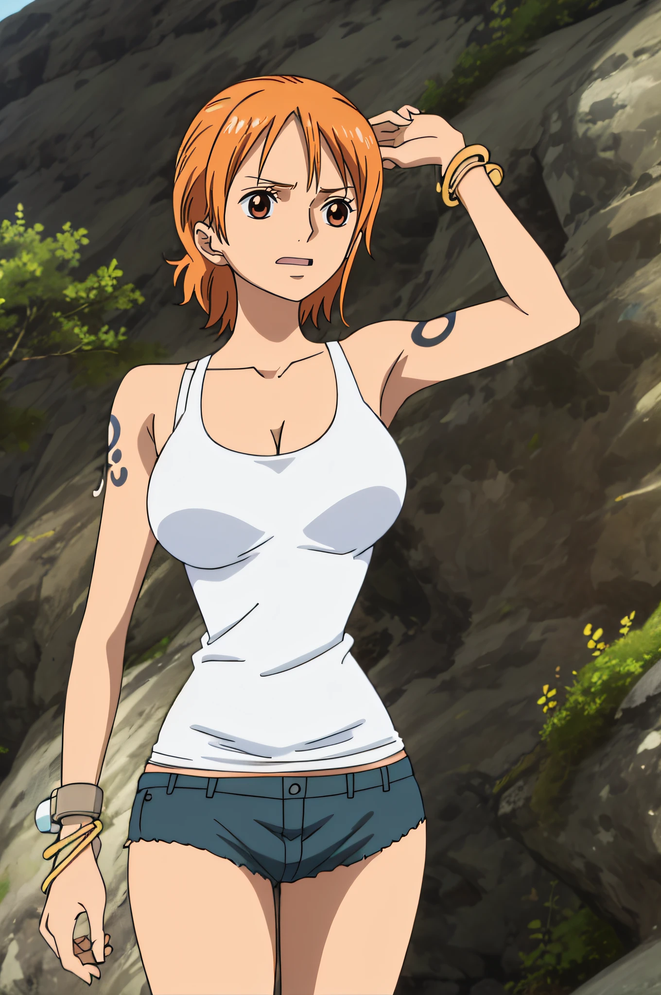 namicasual, short shorts, short ponytail, white tank top, 1girl, solo, short hair, large breasts, cleavage, brown eyes, jewelry, orange hair, bracelet, tattoo, bangle, armpits