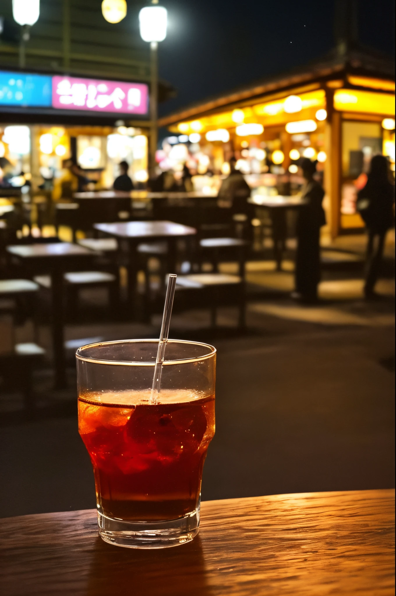 Japan, at night, photo realistic, taken by iphone, phone quality photo, a glass of drink, cafe vibe, no human around