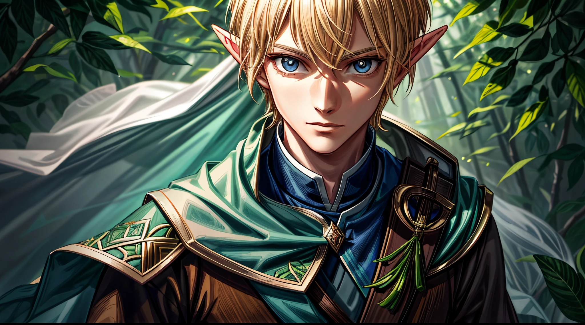 a close up of a person with a sword in a forest, a portrait of a male elf, portrait of a forest mage, a male elf, beautiful male elf, male elf ranger, male blonde elf ranger, elven male, elven character with smirk, young half elf wizard, portrait of a young elf wizard, a portrait of an elf