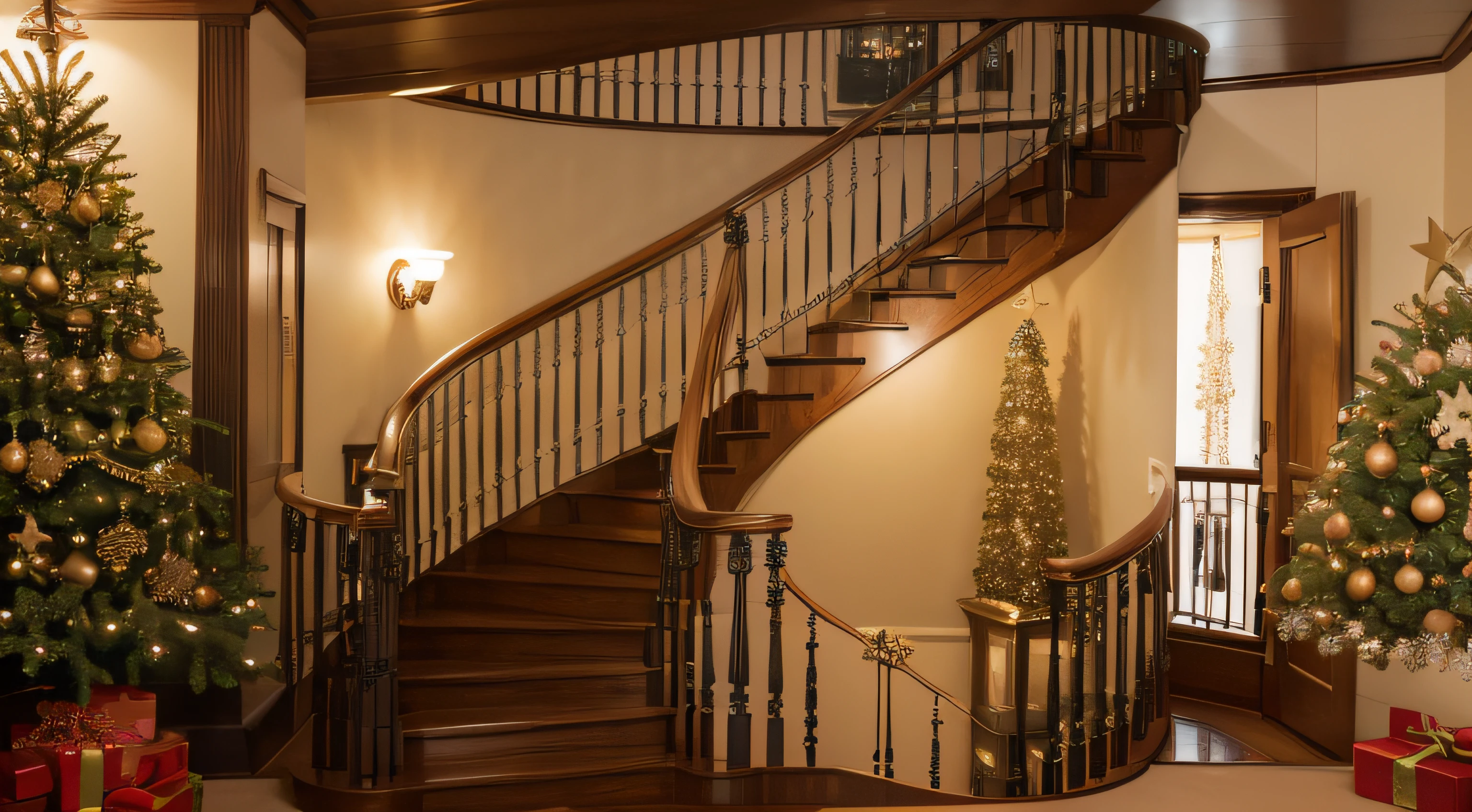 There is a Christmas tree on the left side of the American retro spiral staircase,The floor is beige carpet actual, photore, kanon,  artistically, . Ultra-detailed photo realism