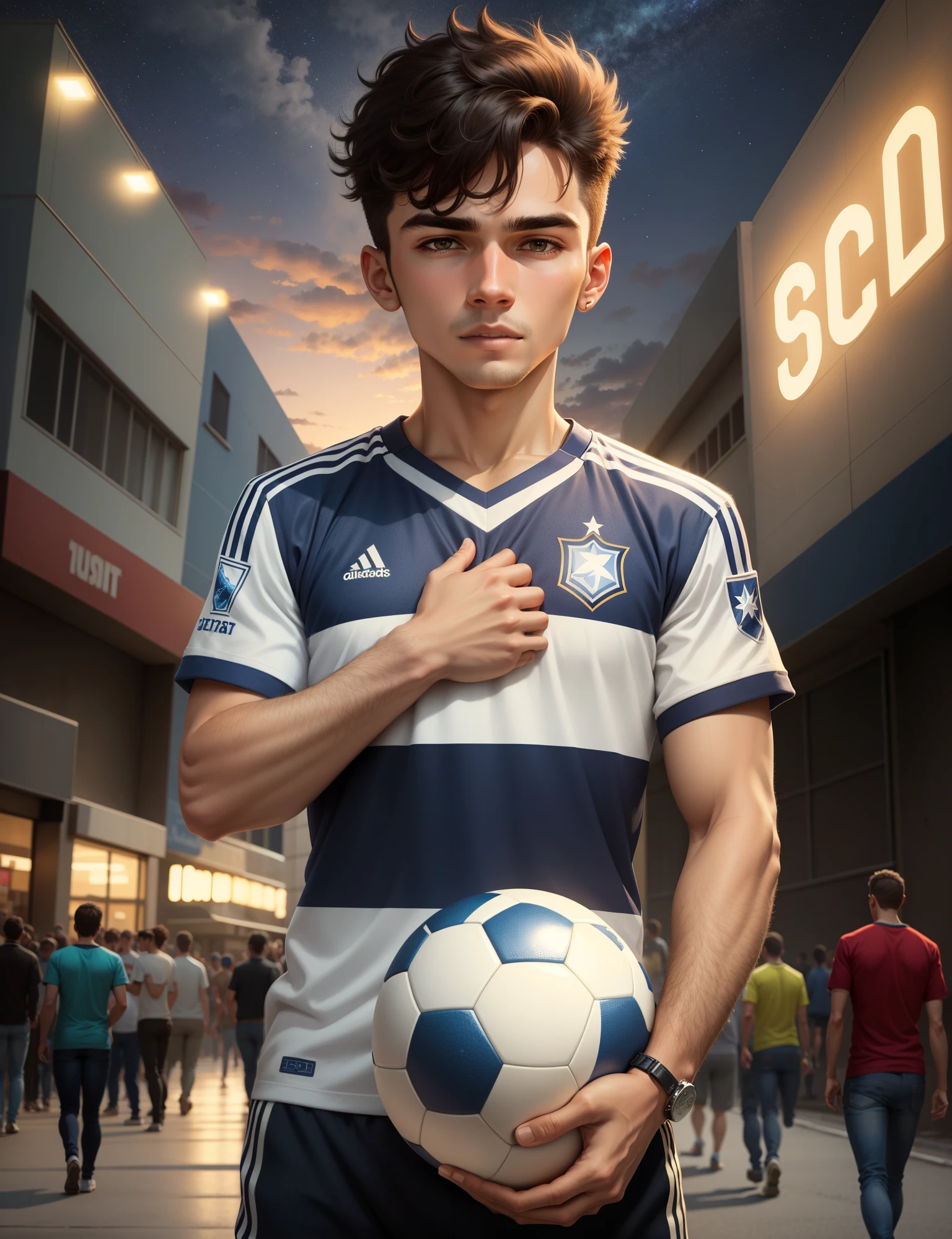 Capa de filme com um garoto simples, com uma camisa branca com uma estrela no centro da camisa, holding a soccer ball under his arm, em um campo de futebol antigo