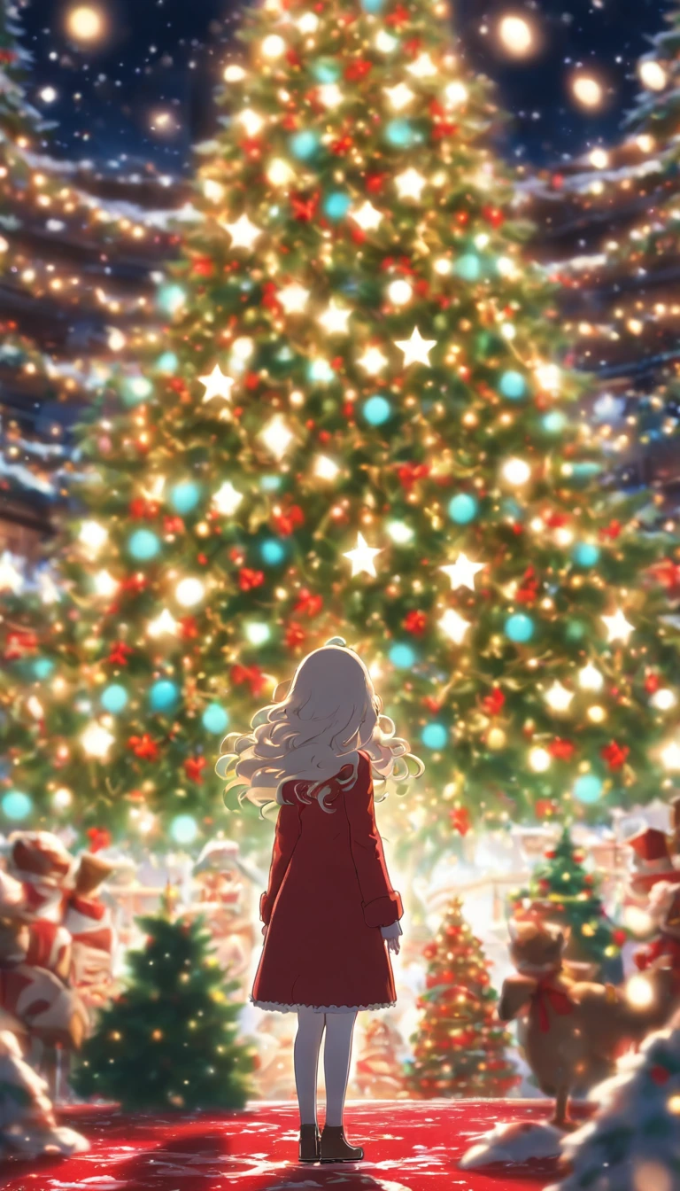 A bright white Christmas tree in the center、woman standing in front of a christmas tree、I can't see my face、Rear view、A thin red carpet is laid out underfoot.、