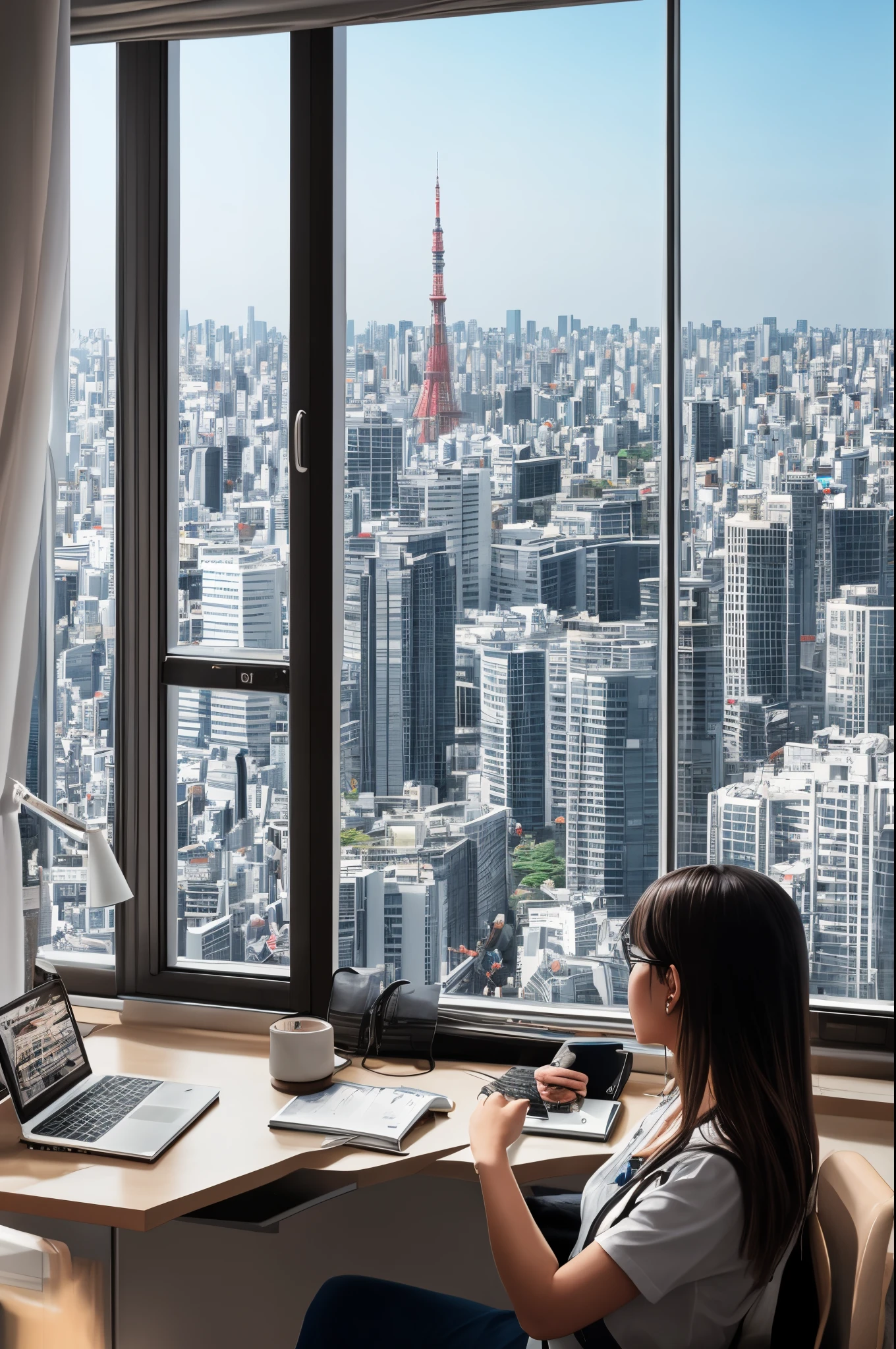 Beautiful woman working on a Mac computer, simple office interior, Shinkansen outside, Smooth, foco nítido, 8K, Octane Render, Night, 10th floor high rise apartment, Tokyo Tower outside the window