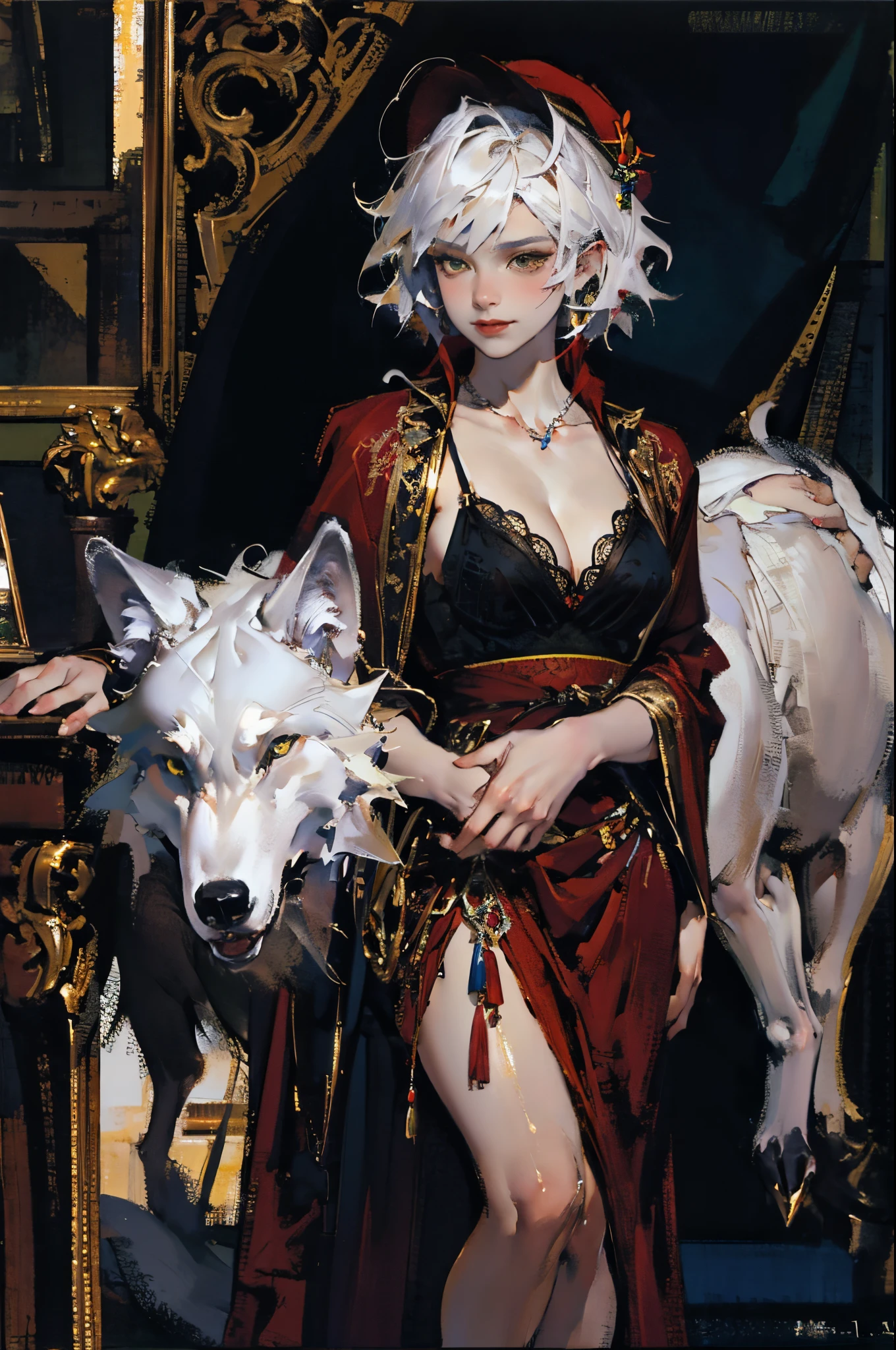 Describes the scene where the girl in red meets the wolf,(((white wolf))),Quiet and harmonious atmosphere,Dramatic composition,warm color palette,plethora of colors,Correct anatomy,Detailed faces, 詳細な目,(Girls wear:red shawl,Red Hat,laced dress,Red Hat, cloaks, Large bra, a skirt, Red dress,Carrying a basket of fruit),Background with:luring,natural lightting, Candy House,a fairy world,Close-up cleavage,Charming and sexy legs,((Sexual suggestiveness)),Correct anatomy,Detailed face, Detailed eyes,(post impressionist),(Fechin Oil Painting - Fechin Oil Painting , oil painted), 03