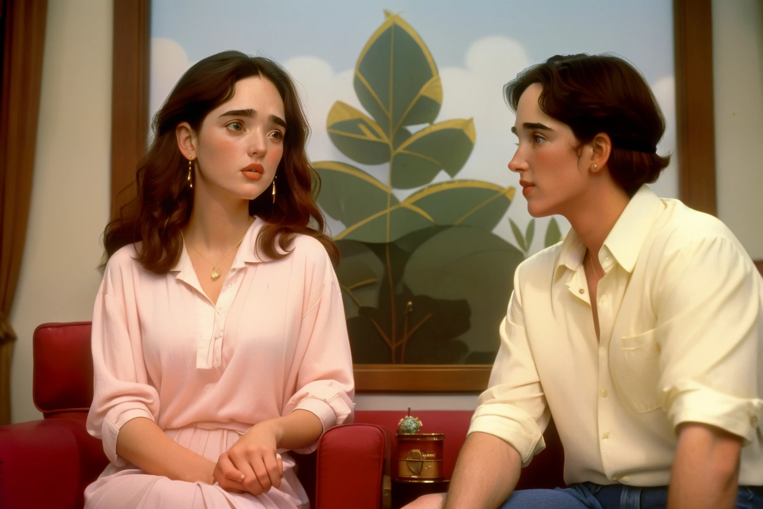 1995, Berkshire, Massachusetts. Pre-raphaelite ((((43-year-old)) Jennifer Connelly)), home, with (David Markus), on a romantic date, ((happiness)), ((((casual Clothing from the 1990s)))) ((short Hairstyle of the 1990s)), ((Wes Anderson cinematic style)), colorful