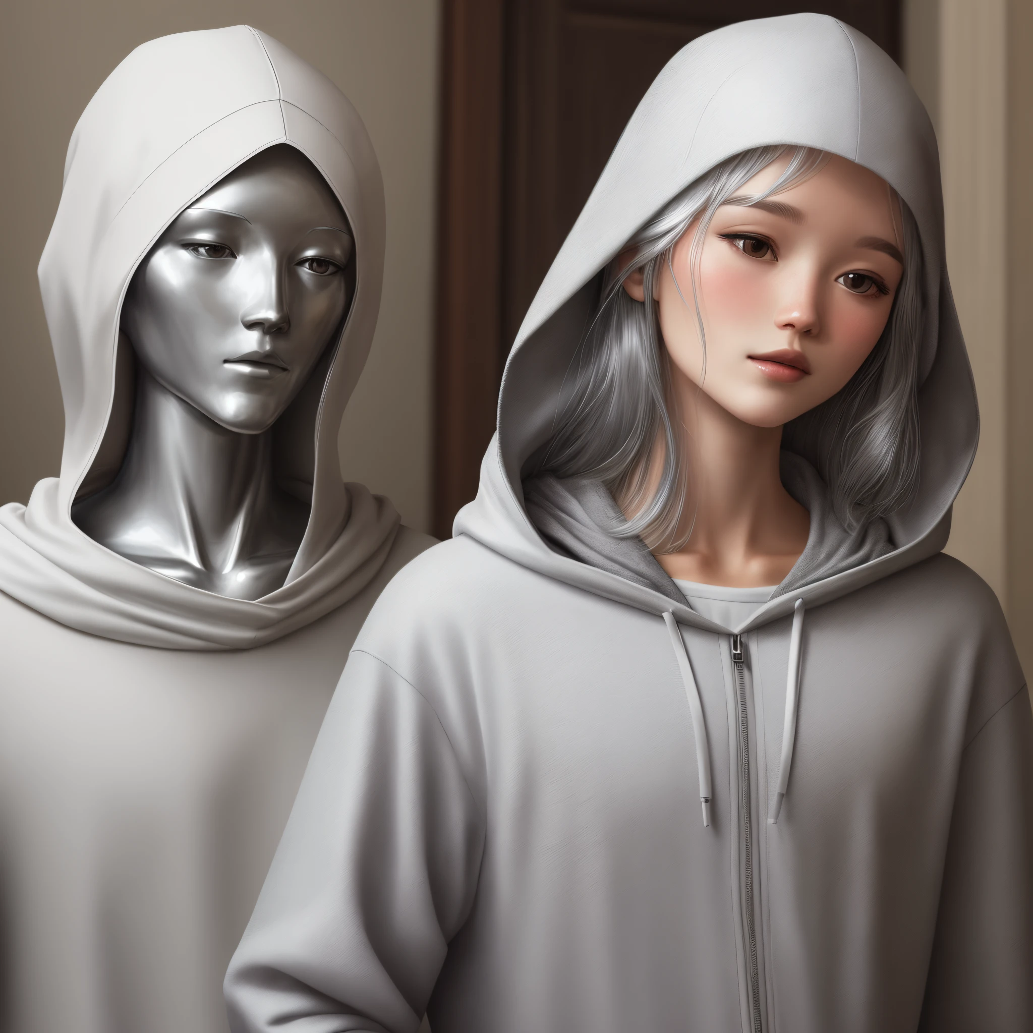 Illustration of a silver person wearing a white hood