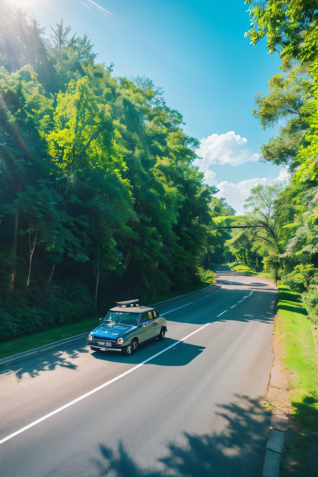 4K、high-level image quality、Top image quality、masterpiece、hight resolution、running car、Aerial Photography、white car、Wagas、the woods、Sunny weather、sunlights、Sunlight、blue-sky