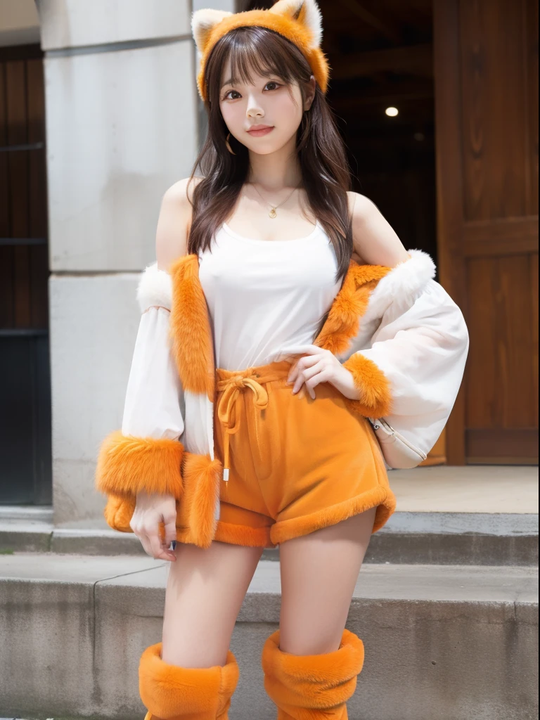 infp young woman、、full body Esbian、orange fur shorts、、、Idol face、