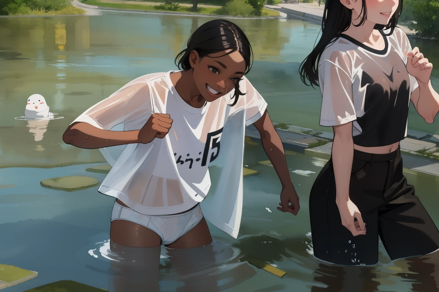 (masterpiece, best quality), 2girls, , small breast, wet t-shirt, transparent, (white panties), black shorts, walk in water, smile, fun, wet hair, pond in the city park, bright, best shadows, watercolor,