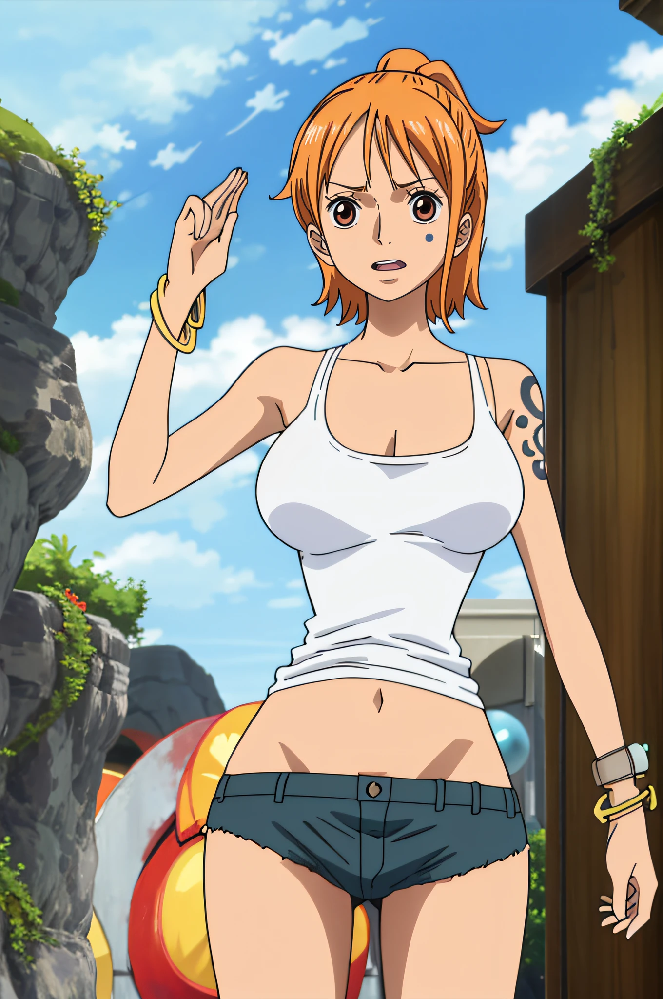 namicasual, short shorts, short ponytail, white tank top, 1girl, solo, short hair, large breasts, cleavage, brown eyes, jewelry, orange hair, bracelet, tattoo, bangle, armpits, belly