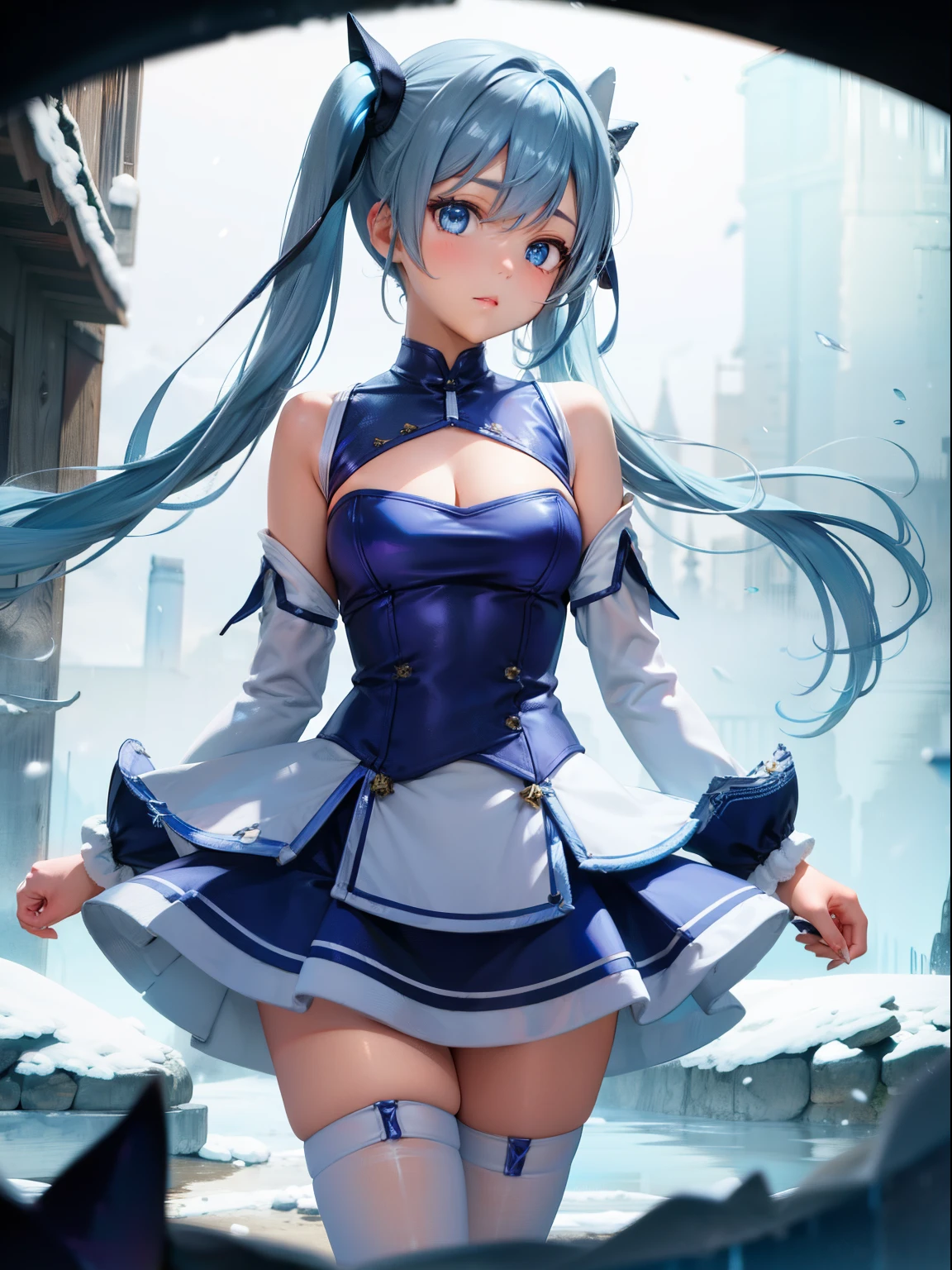 big breasts beautiful, Young woman, In the crystal and ice zone, drifting snow, ride horse, White hours, Gradient hair, Blue hair, blue hairs, twintail hair, eyes reflection, disdain, Ray traching, reflective light, blurry, Glowing light, depth of fields, lightand shade contrast, stereograms, zoom layer, cowboy lens, f/2.8, Bokeh, tmasterpiece, best qualtiy, high qulity, k hd,White stockings