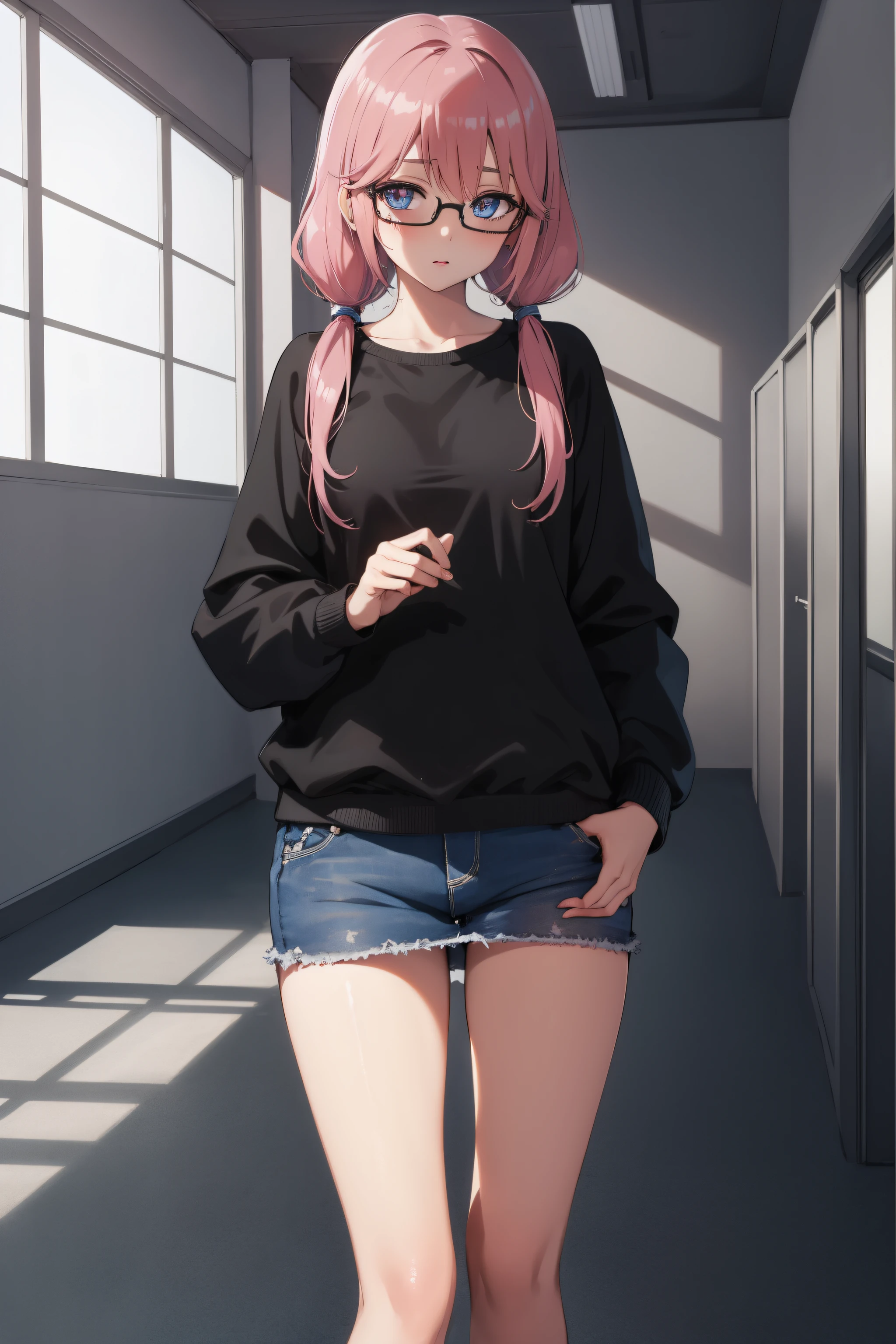 airisakura, airi sakura, blue eyes, glasses, long hair, pink hair, (low twintails:1.5),
BREAK glasses, navel, navel cutout, taut clothes,
BREAK looking at viewer, full body, (cowboy shot:1.5),hands in pockets,
BREAK indoors, classroom,
BREAK (masterpiece:1.2), best quality, high resolution, unity 8k wallpaper, (illustration:0.8), (beautiful detailed eyes:1.6), extremely detailed face, perfect lighting, extremely detailed CG, (perfect hands, perfect anatomy),