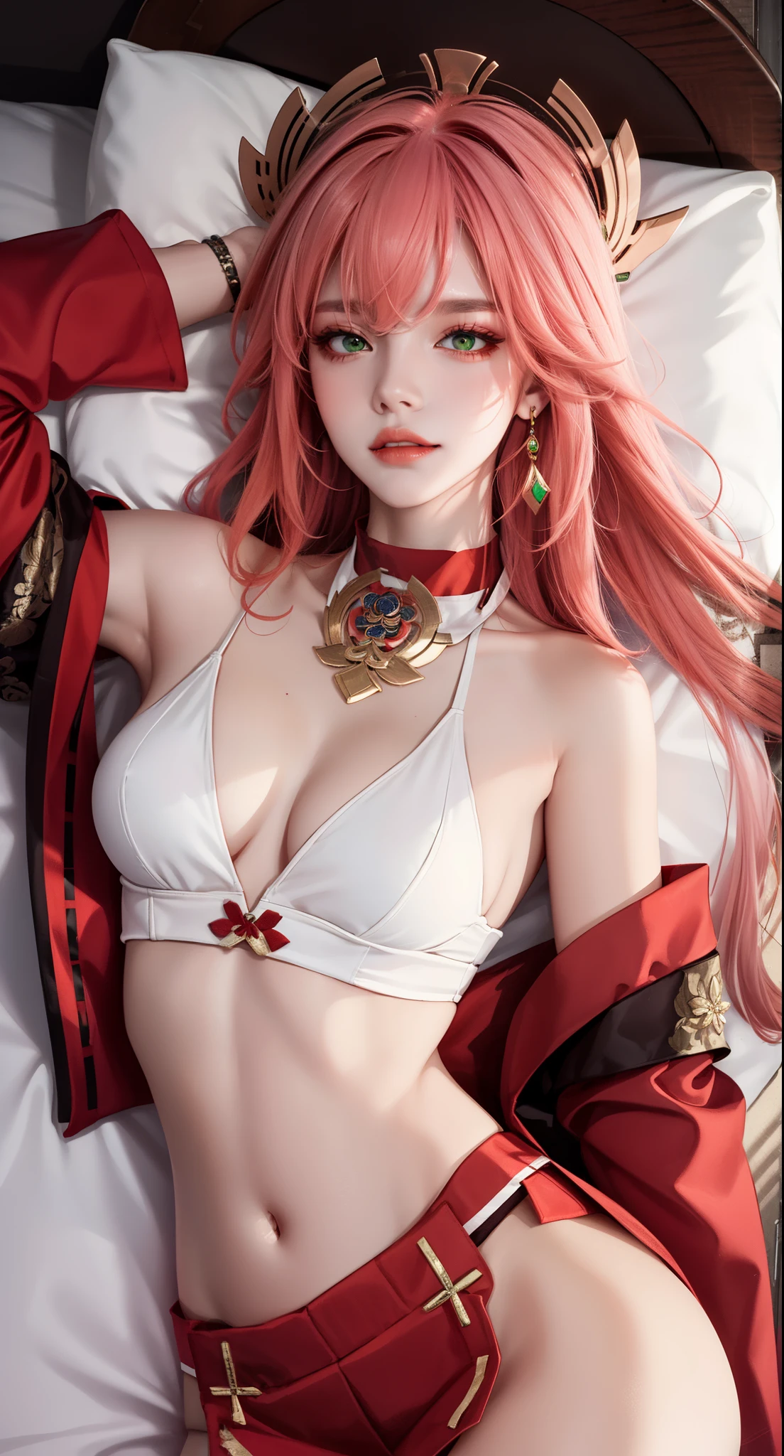 on bed, lying on bed sexy, (Masterpiece, Excellent, 1girl, solo, complex details, color difference), realism, ((medium breath)), off-the-shoulders, big breasts, sexy, Yae Miko, long pink hair, red headdress, red highlight, hair above one eye, green eyes, earrings, sharp eyes, perfectly symmetrical figure, choker, neon shirt, open jacket, turtleneck sweater, graffiti, dim lighting, alley, looking at the audience, ((mean, seductive, charming)), (dynamic sexy pose), tulle, bare shoulders, blooming flower fields, radiant skin, faint smile, sexy, bust, no breast cover, naked, cocked ass, tummy look