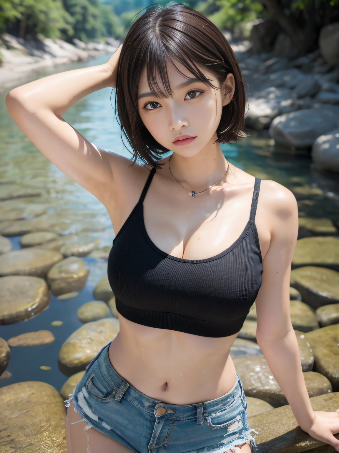 ((Big breasts))), ((Tomboy, small head)), Sunlight, Sunlight, (Carved Abs: 1.1), (Perfect body: 1.1), (Short wavy hair: 1.2), Reddish brown hair, collar, chain, full body shot, crowded street, black tank top, denim jacket, (((Shorts)), river, stream, in nature, ankles immersed, playing in the water, (Highly detailed CG 8k wallpaper), (Very delicate and beautiful), (Masterpiece),  (Best Quality: 1.0), (Ultra High Definition: 1.0), beautiful lighting, perfect lighting, realistic shadows, [high definition], detailed skin, super detail