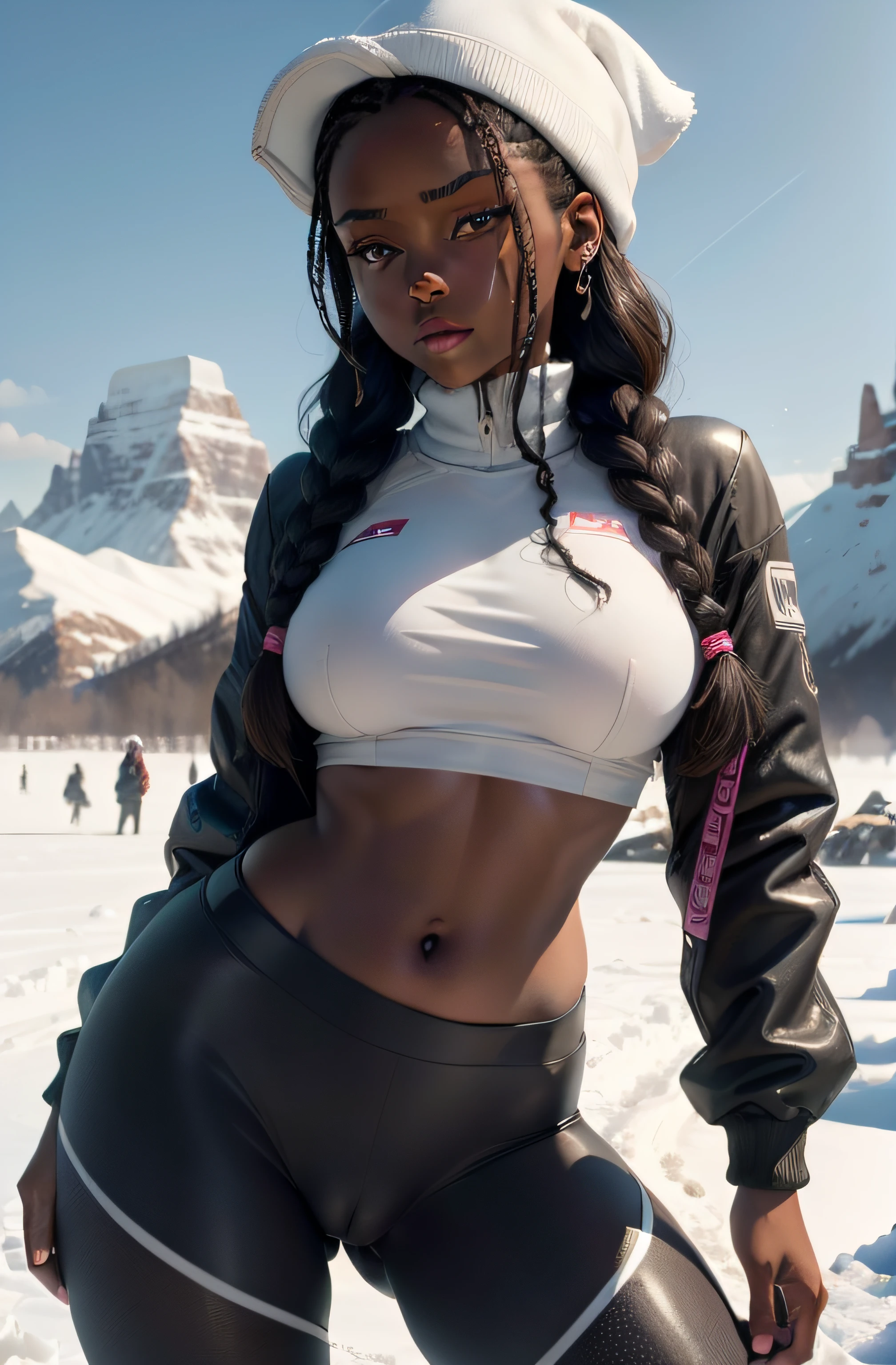 ((1 jeune et belle black:1.2)),((braided hair:1.2)), ((very dark skin:1.2)), Super beautiful black face detailed, Regardez-moi, Open your mouth slightly, analogique , cheveux roux, collant ((Leggings)) Un crop top blanc moulant, ((exposed midriff)), Rousseur, Ski cap standing on a snowy mountain, flocons de neige tombant, People skiing in the background, braided hair, Yeux verts, petits seins, mince, maigre, petite, wet hair, wet skin, gros seins, Big breasts intricate details, backview, montre ses fesses (( Round and shapely buttocks)), high resolucion, High details, mise au point nette, lisse, aesthetics, Extremely detailed, timbre, Rendu octane, bouffi , (pronounced pubis), ((cameltoe:1.3)), Rendu octane, photo_\(ultra\), photoreallistic, Realstic, roughness, real life, ultra realist, photorealism, photographie, 8K UHD, photographie, SEMI-SILHOUETTE light, Rendu octane, Rousseur, Tendances sur Instagram, ESPN, Sports Illustrated