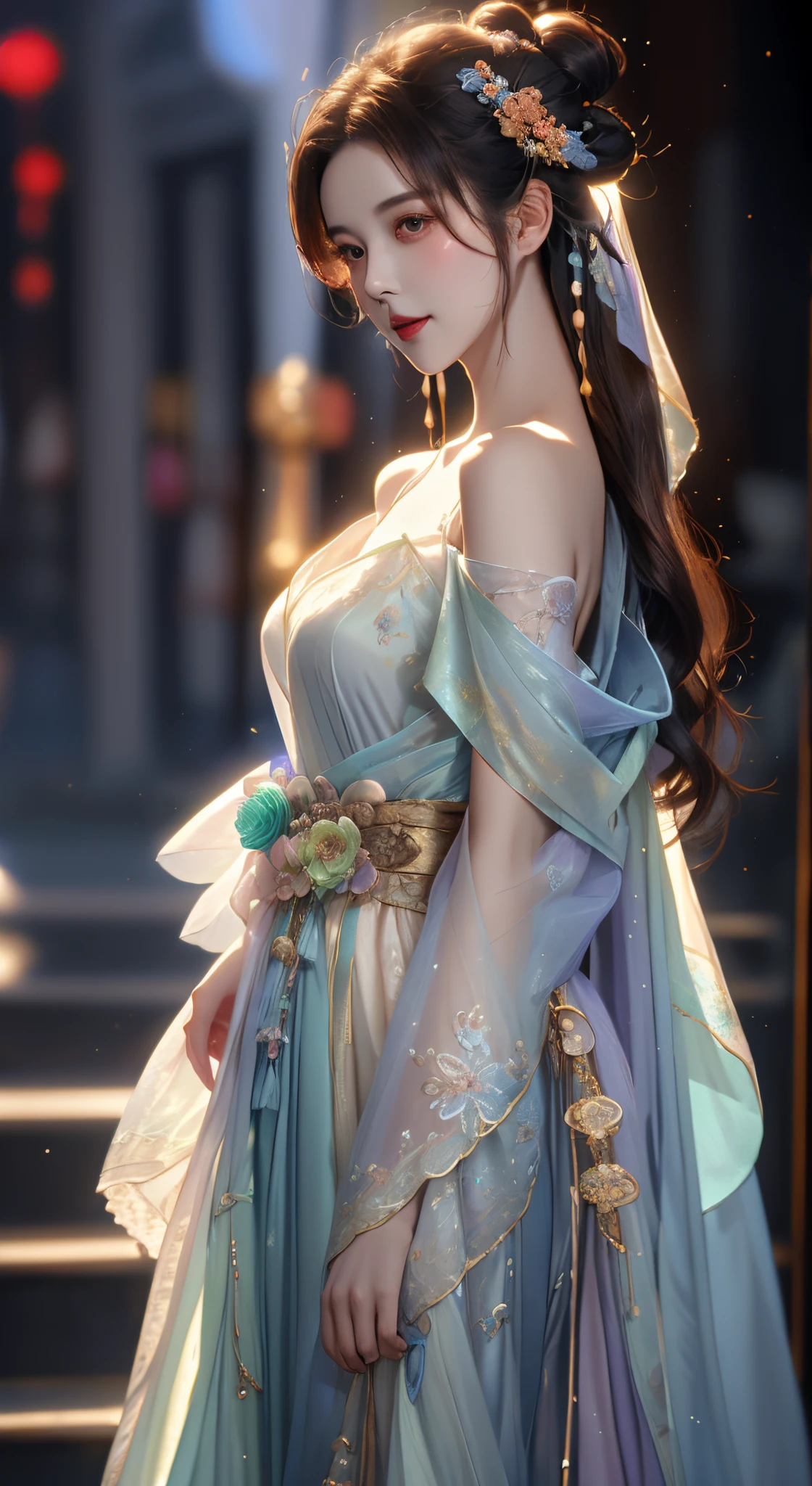 (Reality :1.5), Official art, Uniform 8k quality, Super Detail, Fine Detail Skin, (Movie Angle), Movie Texture, Movie Lighting, Masterpiece, Best picture Quality, (Deep shadow), backlight, Contouring Light, light Background, 1 girl, Vermilion lips,(Various antique hairstyles), Chinese style half tied shawl hair,（A sweet toothy smile）, Purple Rhyme Ancient Costume Off Shoulder hanfu,hanfu with a thin veil full of fairy charmHanfu,Expose smooth shoulders,Floral background,Exquisite clavicle, han style,tang style,song style,ming style,jin style,han fu,girl