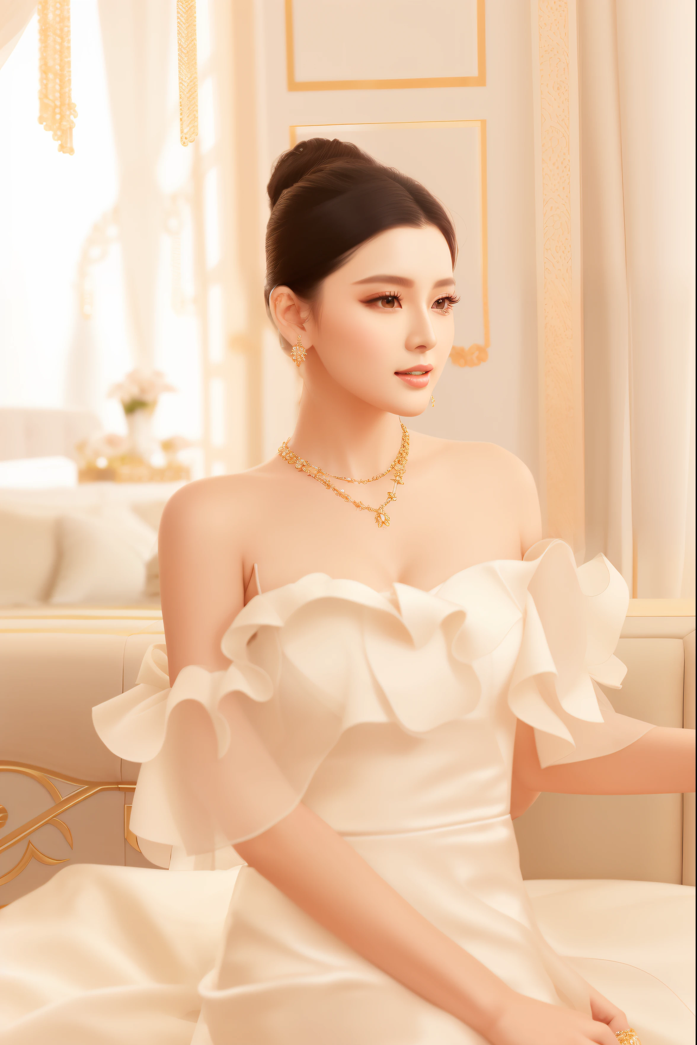 There is a woman sitting on the bed having，Wearing a necklace, Dressed in elegant dresses, wearing elegant outfits, elegant fashion model, elegant gown, stunning elegant pose, Elegant, Di Li Gerba, wears a long robe, wearing evening gown, wearing elegant jewellery, gorgeous chinese models, elegant woman, elegant shoulders,