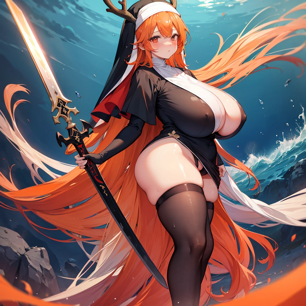 long hair, Orange hair, (nun), big breasts, Big ass, Deer antlers,large horn, heavy body, large body, venus body, gigantic large tits, red blush, stockings, small sword, sea background,wet skin,