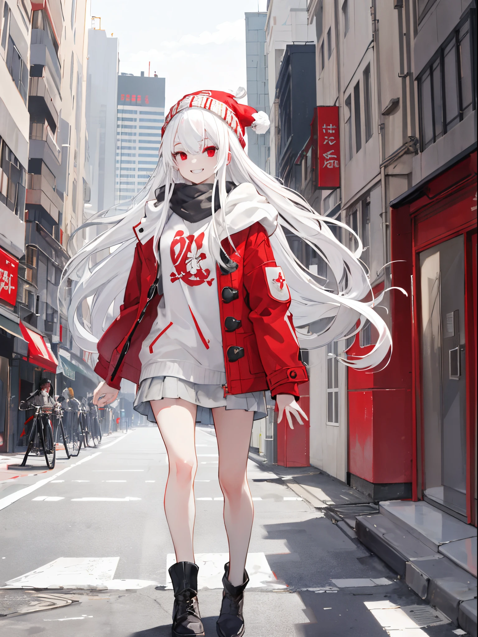 (masterpiece, best quality),1girl, bangs, long hair, white hair, red eyes, walking in the city streets, grey jacket, beanie, grinning face