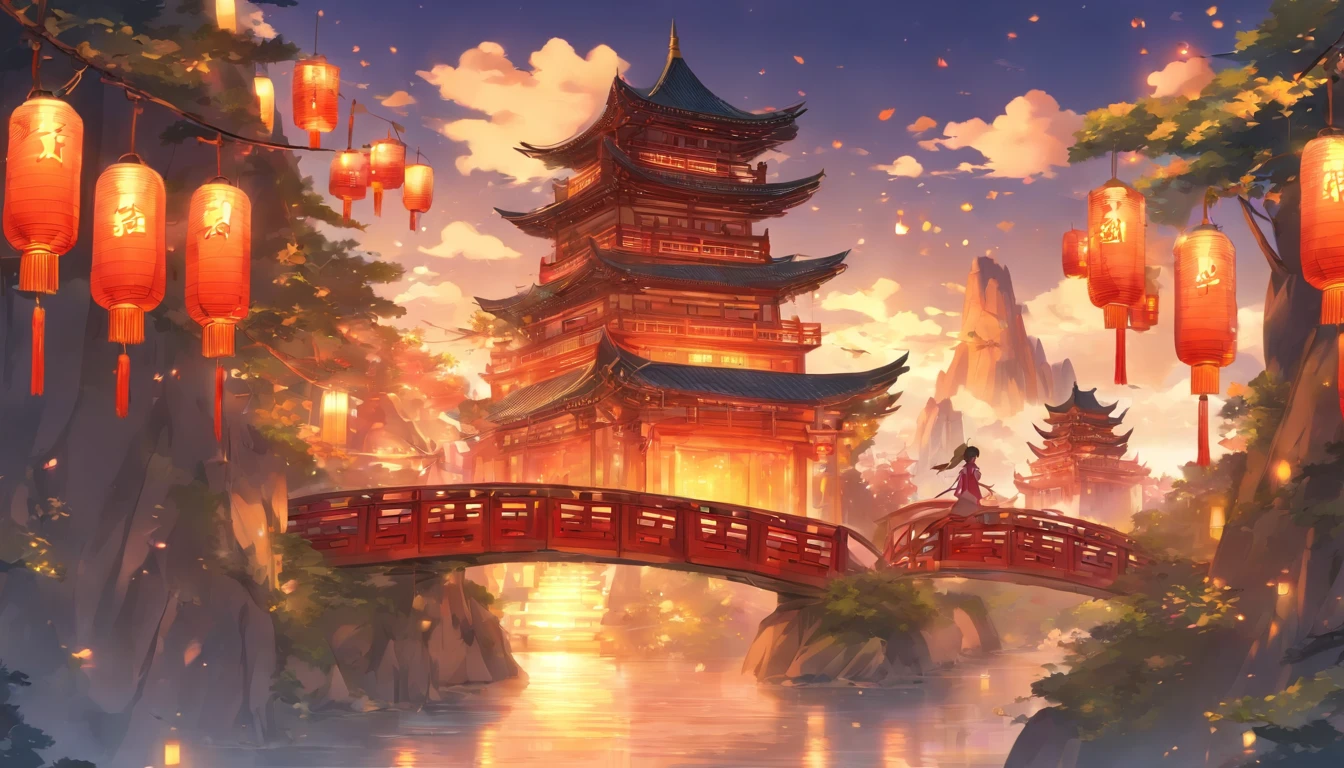 architecture, chinese architecture, landscape, lantern, pagoda, Outdoors, paper lanterns, cloud, Bird, building, tree, mont, Bridge, Holding, Multiple people, day, masutepiece, Best Quality,
