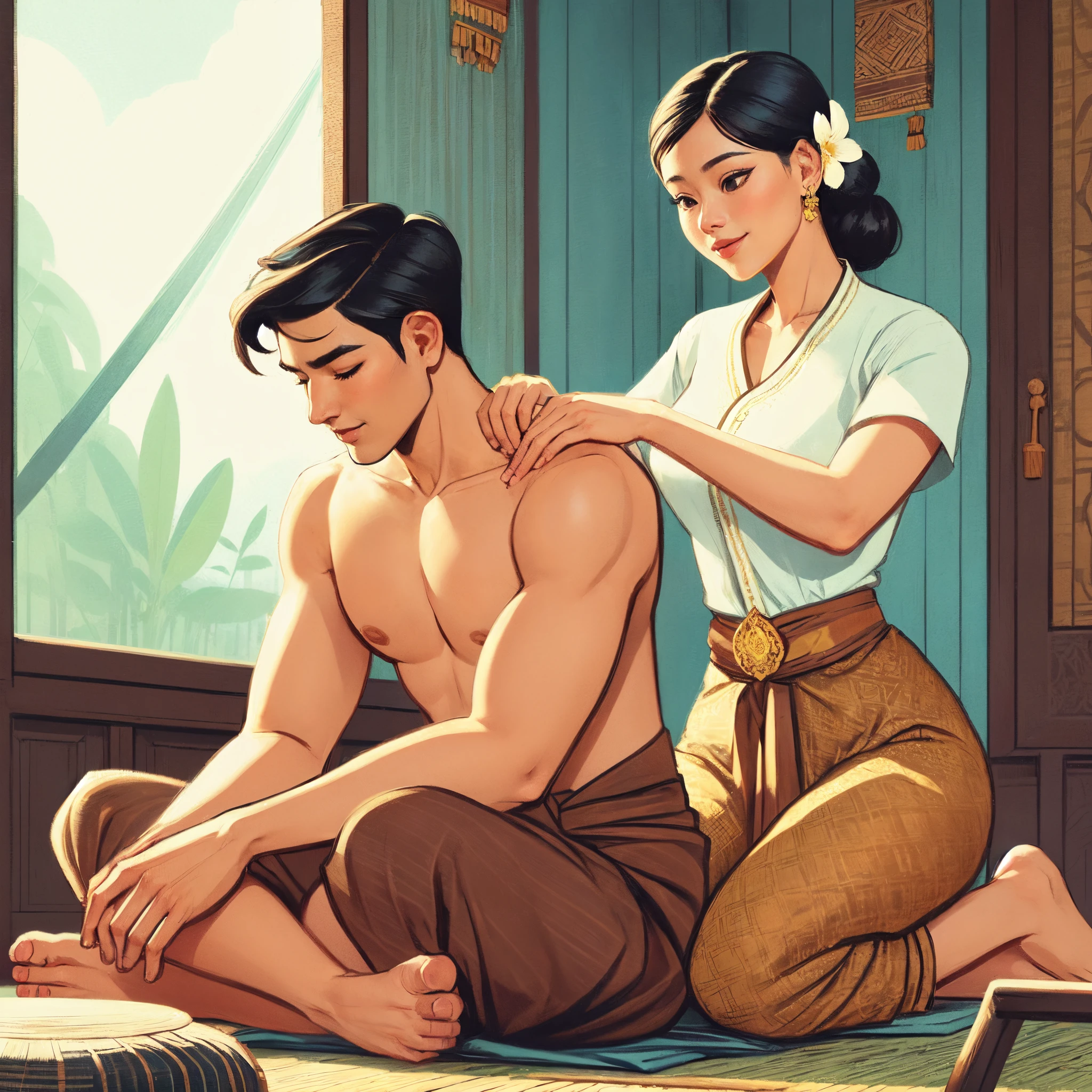 A woman in a traditional Thai dress is giving a massage to a seated man. The man is sitting in a cross-legged position, and the woman is standing behind him. The woman's hands are on the man's shoulders, and she is applying pressure with her thumbs. The man is relaxed and enjoying the massage.The scene is set in a bright, spacious room in a traditional Thai wooden house. The floor is covered in bamboo mats. Outside the window, you can see lush green plants. (Best quality, 8k, Masterpiece:1.2),