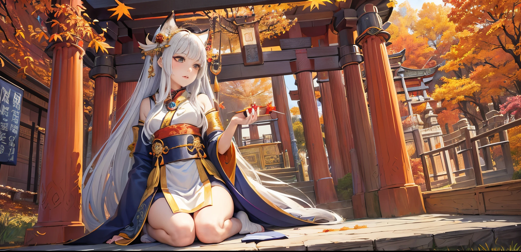 masterpiece best quality mid night Fox-eared beauty Pretty girl with silver hair Priestess clothing torii gate Fantastical Mystical Wonderland kyoto bru Life after death and this world: Cute fox cub Illusion of the night alcohol Smile Japan Festival ass hole up