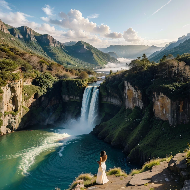 A comic girl stands in the midst of majestic mountains, her back turned towards the viewer. She is the focal point of the image, radiating resilience and a sense of mystery. The mountains stretch endlessly into the distance, their peaks shrouded in mist and bathed in soft sunlight.
Her presence is accentuated by the grandeur of a giant waterfall that cascades down from a towering cliff, creating a dramatic backdrop. The waterfall's waters rush forth with immense power, creating a mesmerizing display as they plunge into a crystal-clear pool below. The spray from the waterfall fills the air, creating a misty ambiance around the girl.
Each droplet of water is highlighted in exquisite detail, reflecting the surrounding scenery and adding a touch of magic to the image. They glisten in the sunlight, creating a sparkling effect that adds dynamism to the scene. The viewer can almost feel the cool mist on their skin as they immerse themselves in the girl's world.
The girl herself is portrayed in a comic style, with vibrant colors and bold outlines. Her hair flows freely in the wind, as if mirroring the movement of the waterfall. Her clothing is adorned with intricate patterns and textures, adding depth and personality to her character. A sense of wonder and adventure emanates from her posture and expression, capturing the essence of youth and exploration.
The color palette of the image is rich and diverse, with a harmonious blend of warm and cool tones. The vibrant greens of the mountains and lush vegetation contrast with the cool blues and whites of the waterfall, creating a visually striking composition. The lighting enhances the overall atmosphere, with soft rays of sunlight illuminating the scene and casting gentle shadows.