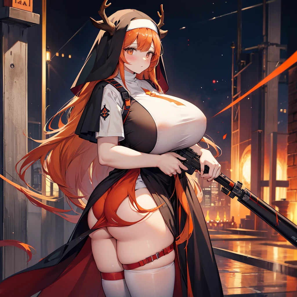 long hair, Orange hair, (nun), big breasts, Big ass, Deer antlers,large horn, heavy body, large body, venus body, gigantic large tits, red blush, stockings, arknights,